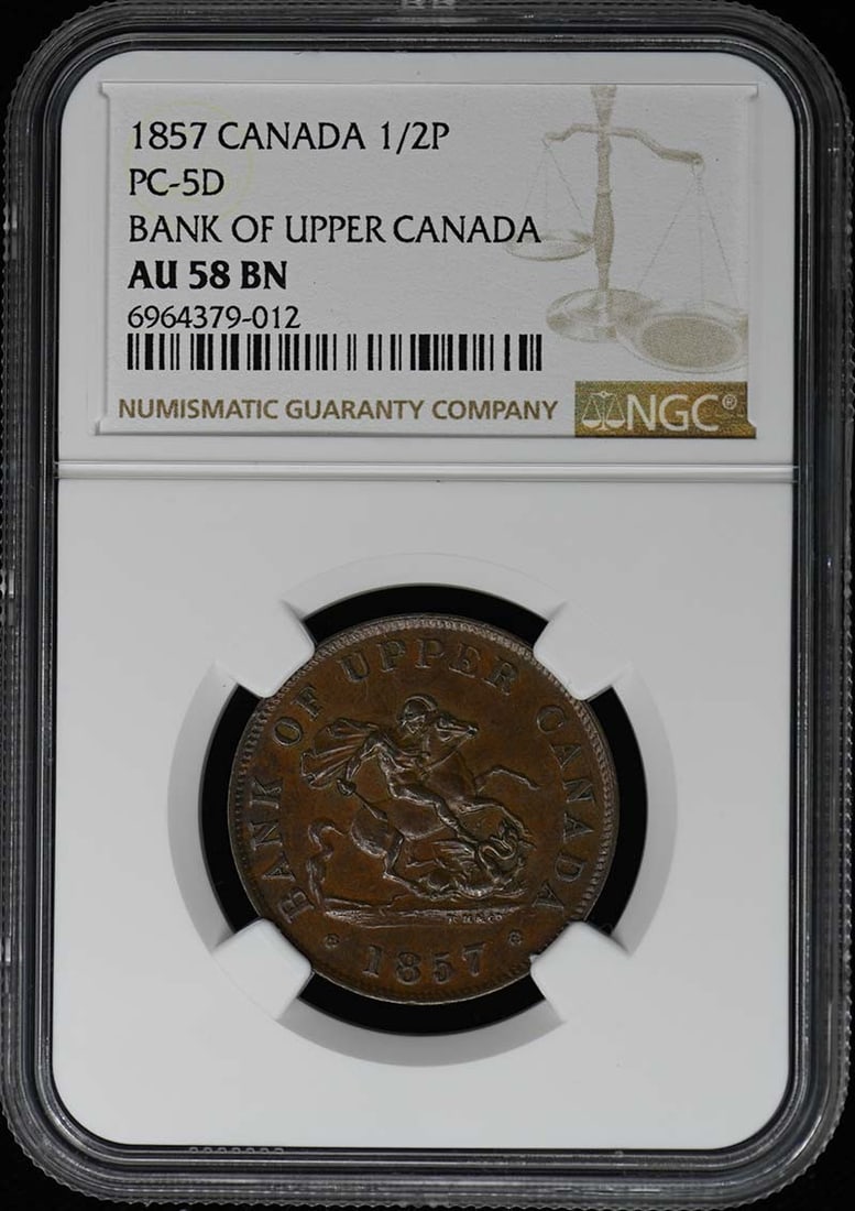 1857 Upper Canada PC-5D 1/2P Half Penny Token NGC AU58: 1857 Upper Canada PC-5D 1/2P Half Penny Token NGC AU58 This 1857 Upper Canada PC-5D Half Penny Bank Token is graded AU58 by NGC, indicating its excellent condition despite being circulated. The token 