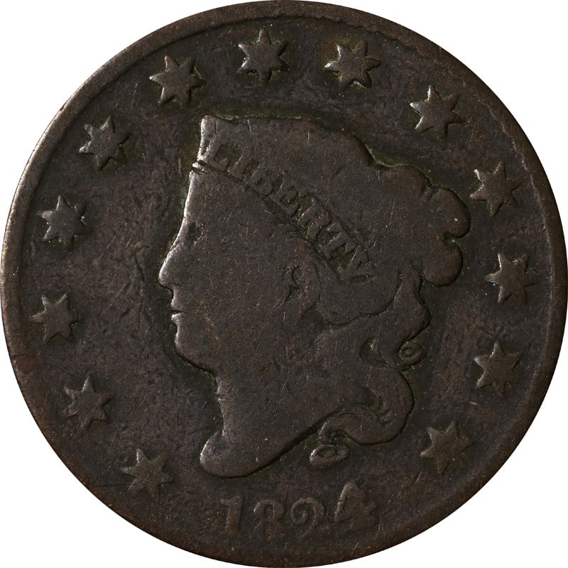 United States 1824 Over 2 Copper Large Cent Coin: United States 1824 Over 2 Copper Large Cent Coin This 1824/2 Large Cent is a circulated, pre-owned coin from the United States, made of copper. It is uncertified and dates back to the year 1824. Speci