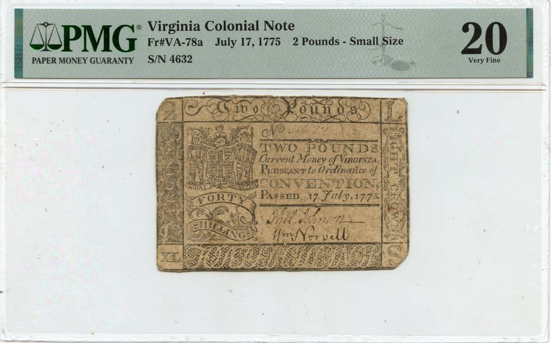 1775 Virginia 2 Pounds Colonial Note PMG VF20 Certified (1 of 2)