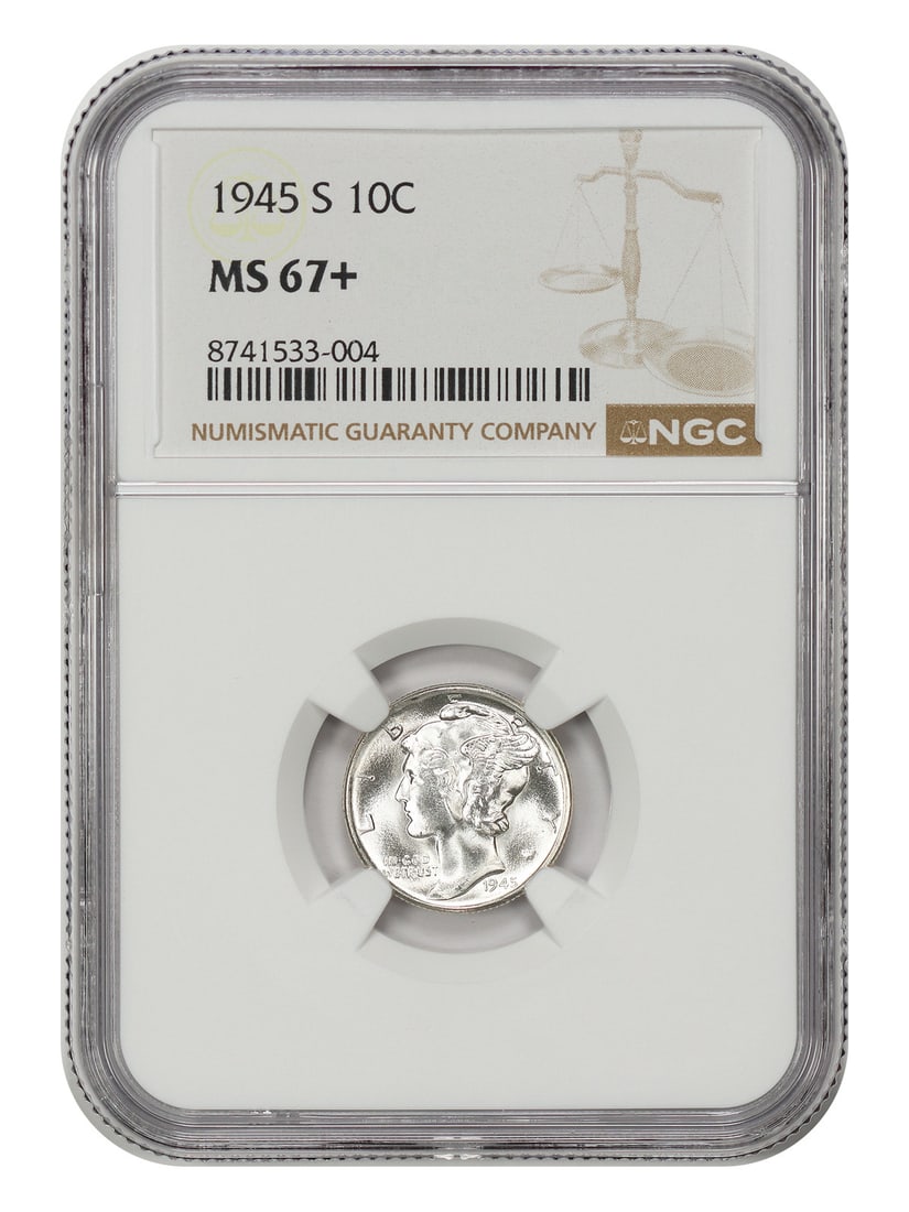 NGC MS67+ 1945-S Mercury Dime 10C: NGC MS67+ 1945-S Mercury Dime 10C This is a 1945 Mercury Dime graded MS67+ by NGC. The coin is uncirculated and from the San Francisco mint. It is part of the Mercury Dime series and has been professi