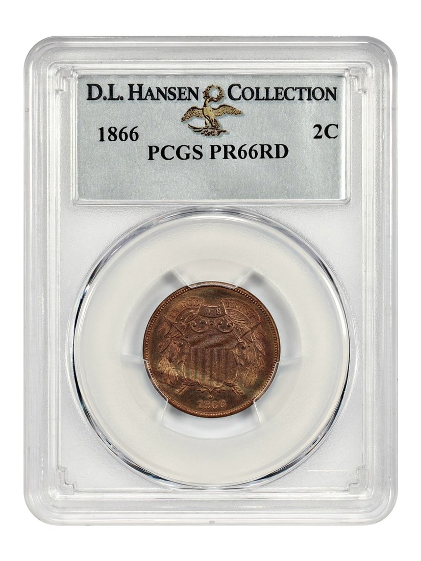 1866 Proof Two Cent Coin PCGS PR66RD from D L Hansen Collection: 1866 Proof Two Cent Coin PCGS PR66RD from D L Hansen Collection This 1866 Two Cent coin is a desirable proof issue certified by PCGS as PR66RD, originating from the D.L. Hansen collection. With a low 