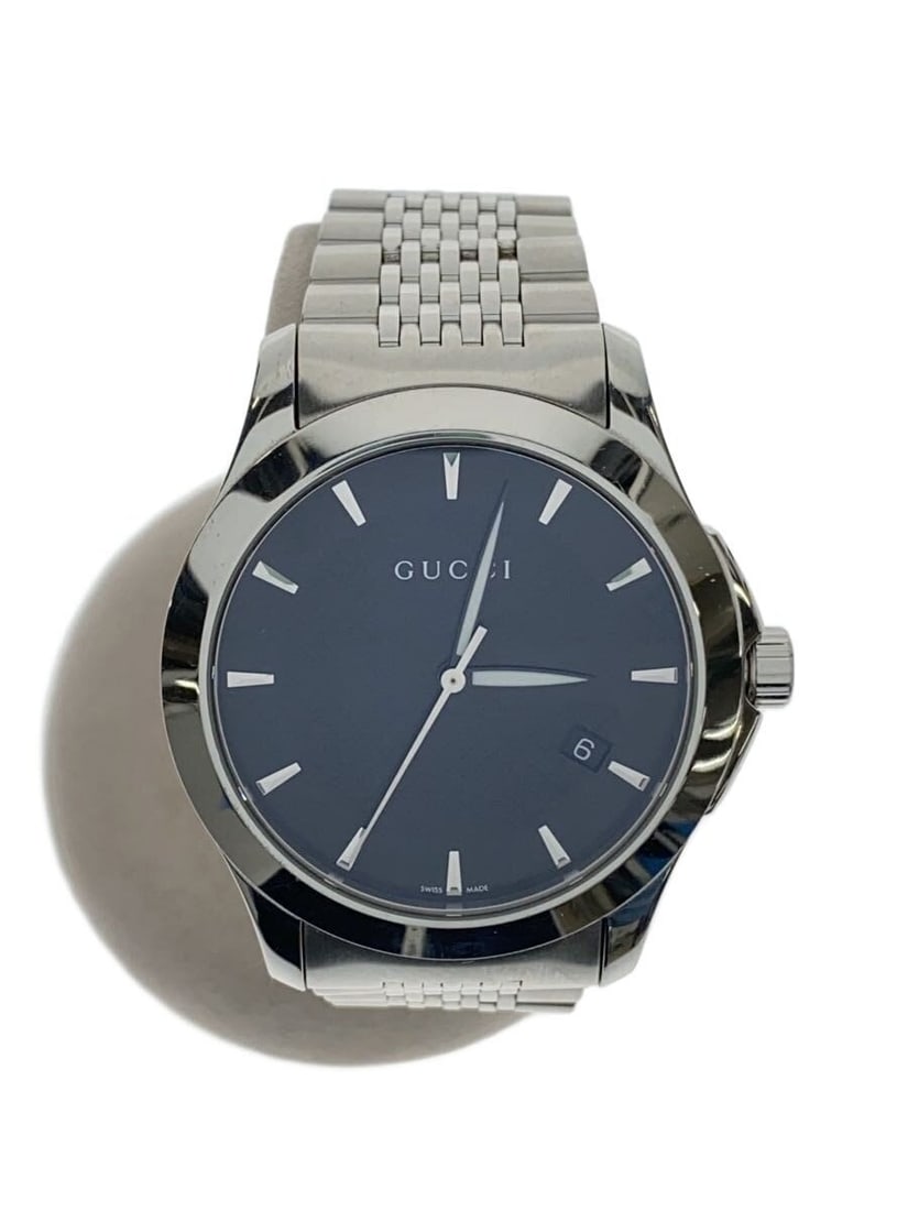 Gucci G Timeless stainless steel quartz wristwatch 126.4: Gucci G Timeless stainless steel quartz wristwatch 126.4 This GUCCI G-TIMELESS men's wristwatch features a Swiss-made quartz movement and a durable stainless steel case and band. The watch has a black