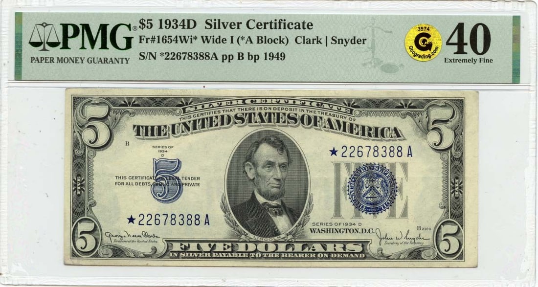 PMG XF40 1934D Five Dollar Silver Certificate Fr 1654Wi Star Note: PMG XF40 1934D Five Dollar Silver Certificate Fr 1654Wi Star Note This is a 1934D $5 Silver Certificate, Wide I variety, cataloged as Fr# 1654Wi* and graded by PMG as EF40. The note is circulated and 