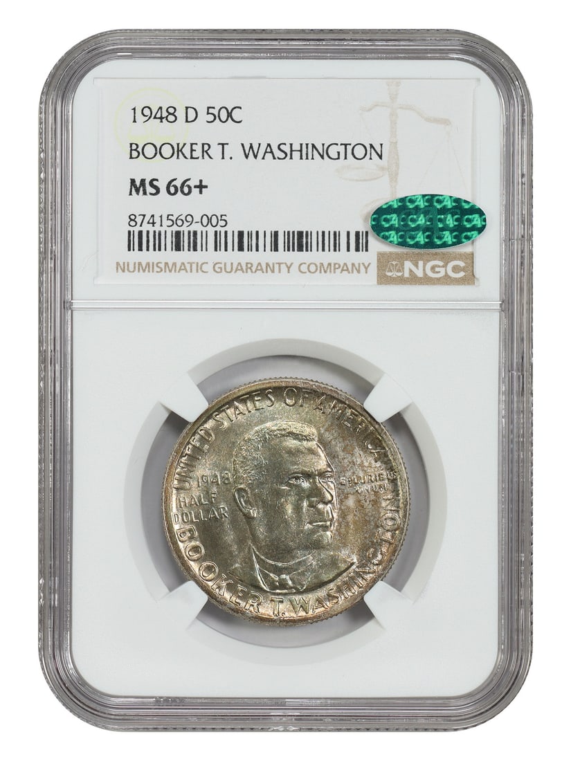 1948-D Booker T Washington 50C NGC CAC MS66 Plus Silver Commemorative: 1948-D Booker T Washington 50C NGC CAC MS66 Plus Silver Commemorative This 1948-D Booker T. Washington half dollar is a classic silver commemorative coin struck at the Denver Mint. Graded MS66+ by NGC