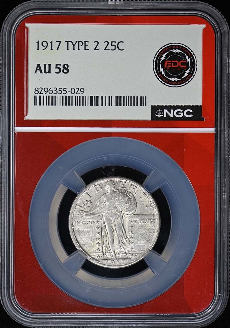 NGC AU58 1917 Standing Liberty Quarter 25C Philadelphia: NGC AU58 1917 Standing Liberty Quarter 25C Philadelphia This is a 1917 Type 2 Standing Liberty Quarter graded AU58 by NGC. The coin was minted in Philadelphia and is a circulated example. It features 