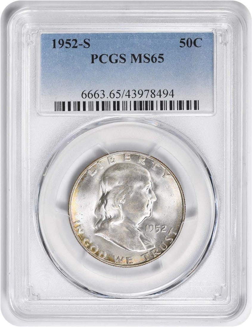 1952-S Franklin Half Dollar MS65 PCGS 90% Silver Uncirculated: 1952-S Franklin Half Dollar MS65 PCGS 90% Silver Uncirculated This 1952-S Franklin Half Dollar is graded MS65 by PCGS, showcasing its uncirculated condition. Struck at the San Francisco Mint, this coi