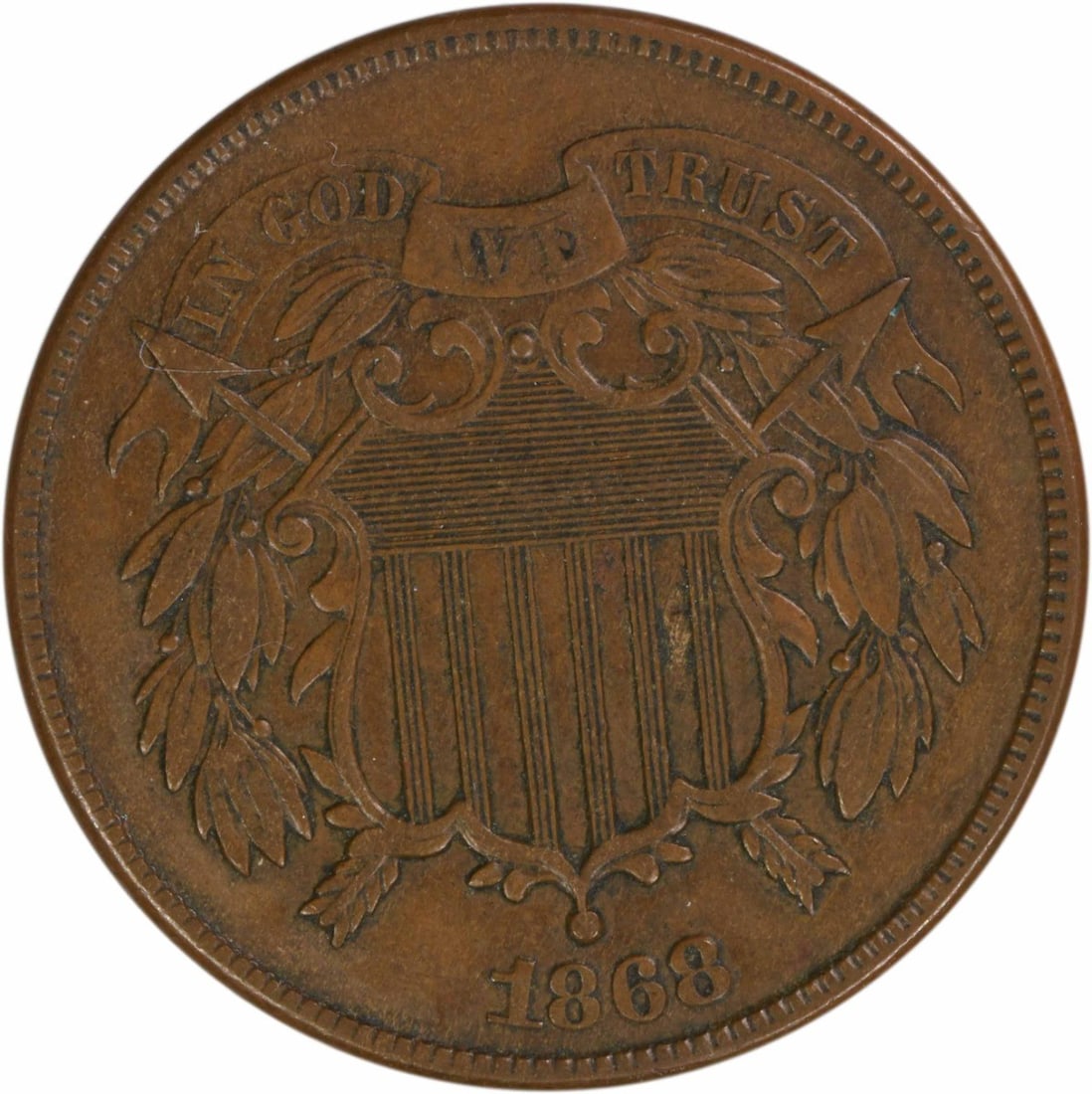 AU Grade 1868 Philadelphia Two Cent Bronze Coin Uncertified: AU Grade 1868 Philadelphia Two Cent Bronze Coin Uncertified This 1868 Two Cent Piece from the United States features a bronze composition and was minted in Philadelphia with no mint mark. Designed by 