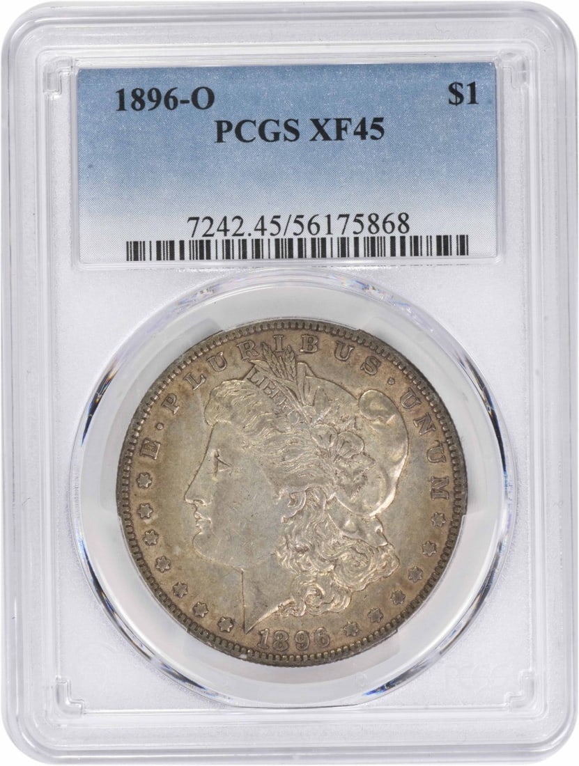 EF45 1896-O Morgan Dollar PCGS Certified 90 Silver Coin: EF45 1896-O Morgan Dollar PCGS Certified 90 Silver Coin This 1896-O Morgan Silver Dollar, graded EF45 by PCGS, is a circulated coin minted in New Orleans. Composed of 90% silver and 10% copper, it fea