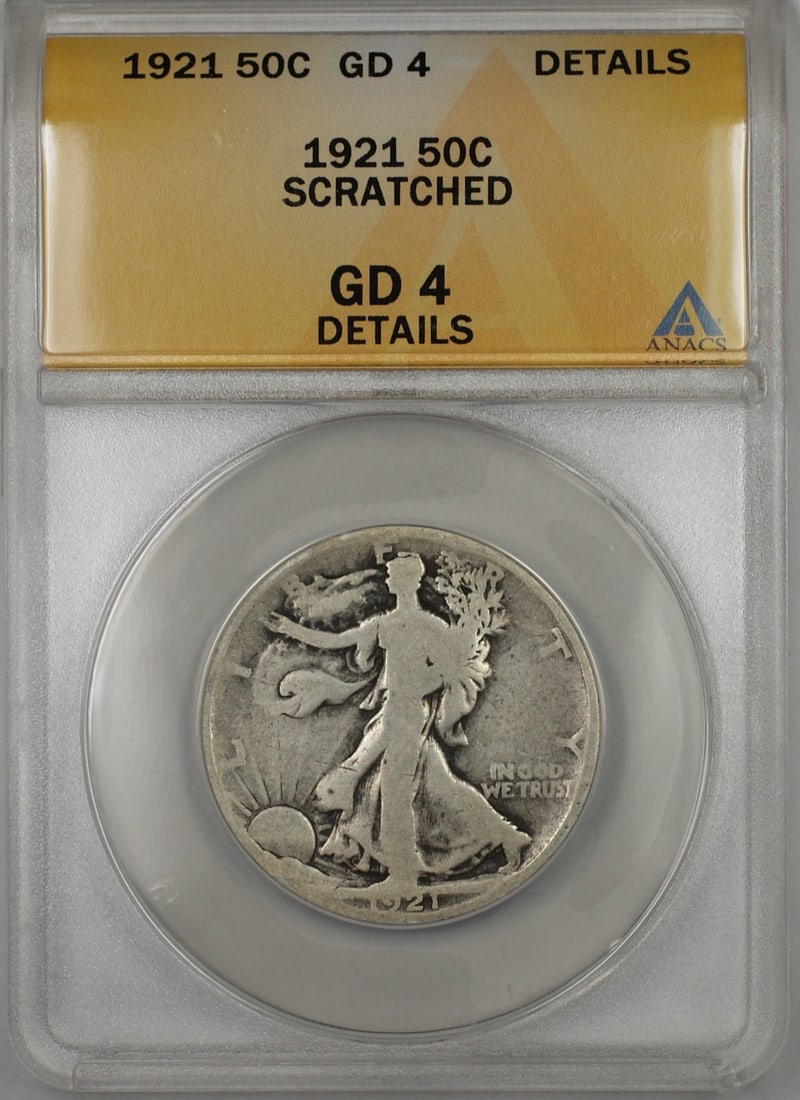 1921 Walking Liberty Half Dollar Silver 50c ANACS GD 4 Details Philadelphia Mint: 1921 Walking Liberty Half Dollar Silver 50c ANACS GD 4 Details Philadelphia Mint This 1921 Walking Liberty Silver Half Dollar features the iconic design and is certified by ANACS with a grade of GD 4 