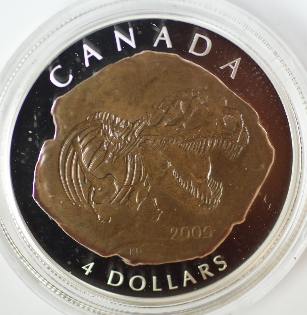 Tyrannosaurus Rex 2009 Proof Silver $4 Coin 1/2oz with Box and COA Canada: Tyrannosaurus Rex 2009 Proof Silver $4 Coin 1/2oz with Box and COA Canada This 2009 Canada $4 Tyrannosaurus Rex coin is a commemorative proof crafted from 1/2 ounce of .9999 fine silver. Issued by Can