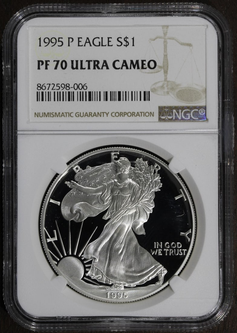 1995-P NGC PF70 DCAM American Silver Eagle Dollar: 1995-P NGC PF70 DCAM American Silver Eagle Dollar This 1995-P Proof American Silver Eagle features a perfect PF 70 grade as certified by NGC. Struck in one ounce of .999 fine silver by the U.S. Mint, 