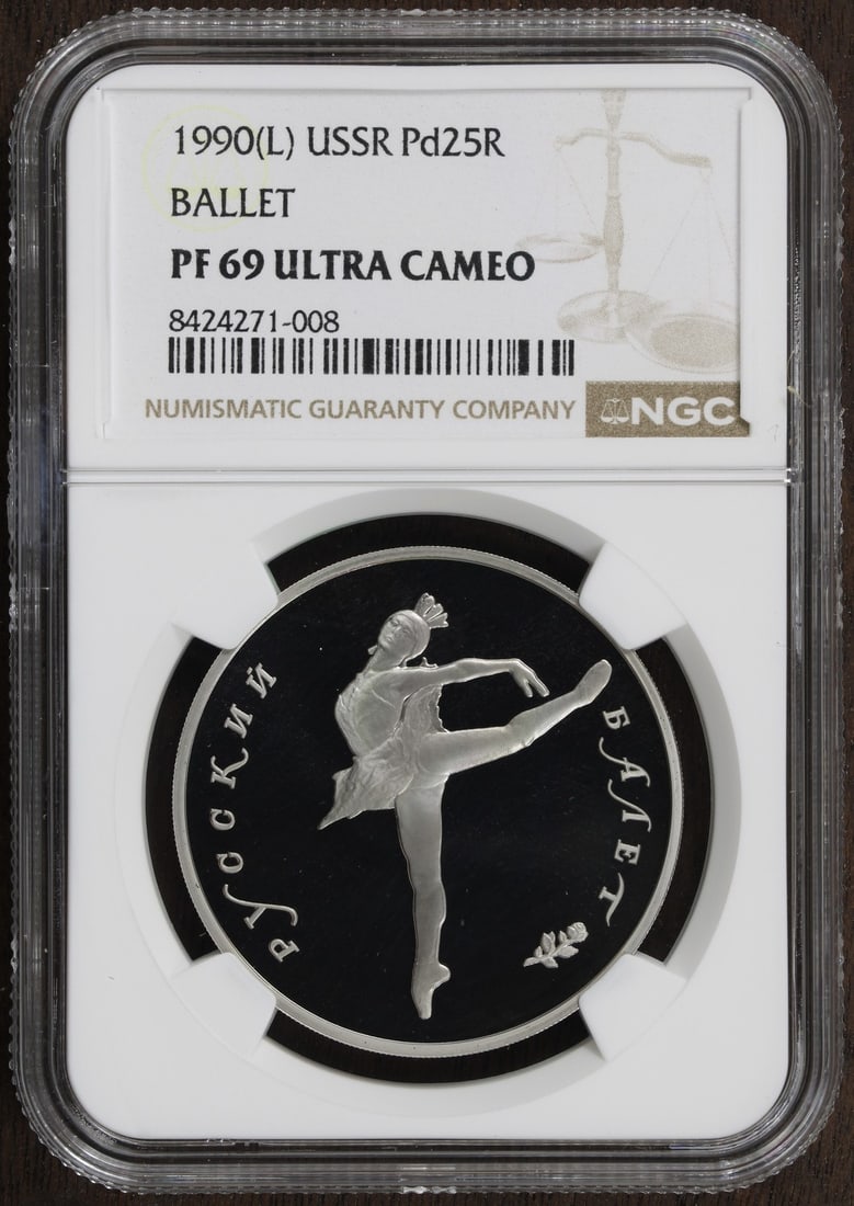 NGC Certified 1990 USSR Palladium 25 Roubles Russian Ballerina 1 oz Coin: NGC Certified 1990 USSR Palladium 25 Roubles Russian Ballerina 1 oz Coin This 1990 Russian Ballerina coin features a composition of .999 fine palladium and contains 1 oz of precious metal. Certified b