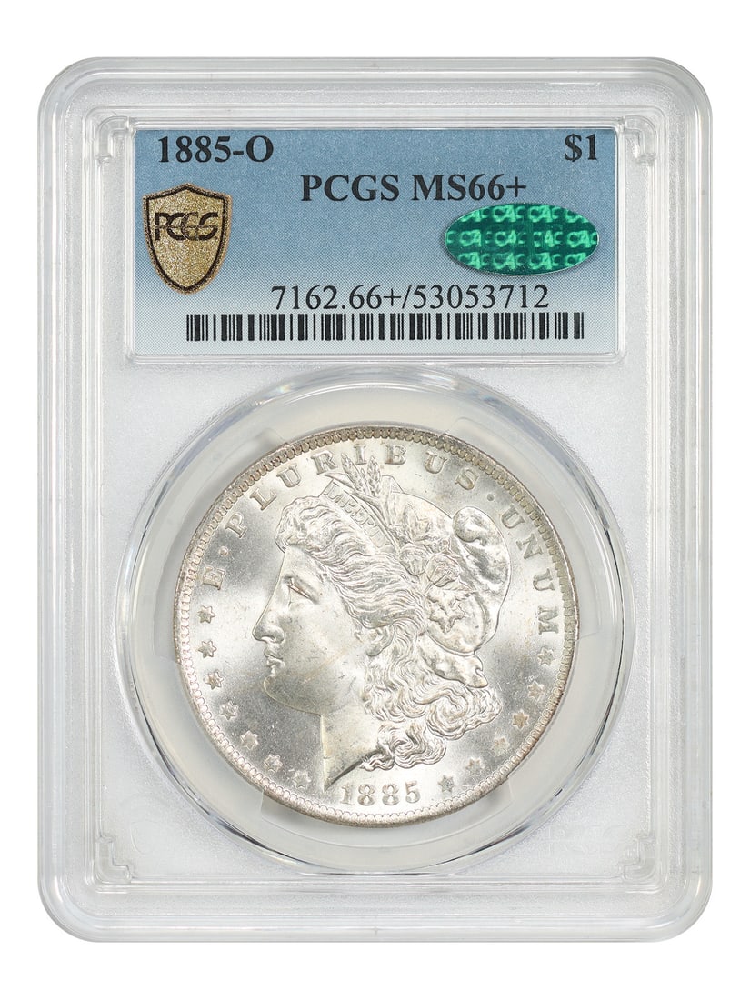 1885-O Morgan Silver Dollar PCGS CAC MS66 Plus New Orleans Mint: 1885-O Morgan Silver Dollar PCGS CAC MS66 Plus New Orleans Mint This is an 1885-O Morgan Dollar, certified by PCGS and CAC with a grade of MS66+. Struck at the New Orleans Mint, this silver dollar is 