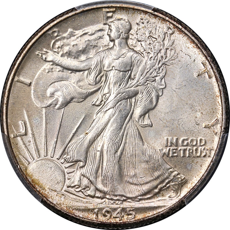 1945-P Walking Liberty Half PCGS MS64 Silver Coin Superb Appeal: 1945-P Walking Liberty Half PCGS MS64 Silver Coin Superb Appeal This stunning 1945-P Walking Liberty Half showcases superb eye appeal, characterized by its fantastic luster and strong strike. The coin