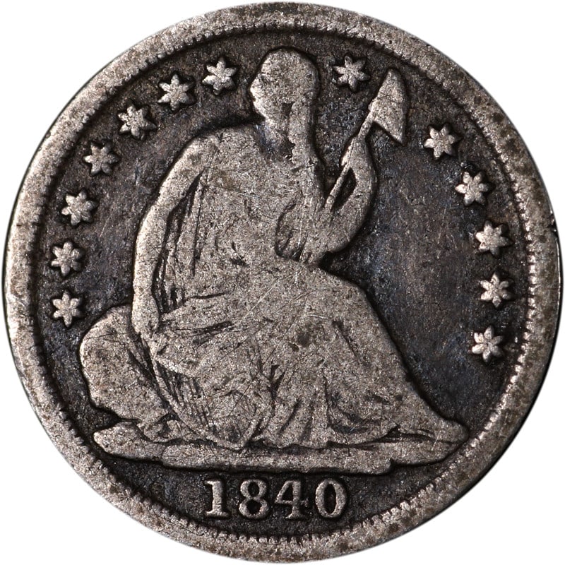 1840-O Seated Liberty silver half dime No Drapery: 1840-O Seated Liberty silver half dime No Drapery This is an 1840-O Seated Liberty Half Dime featuring the 'No Drapery' design. Minted in New Orleans, this pre-owned coin is composed of silver and is 
