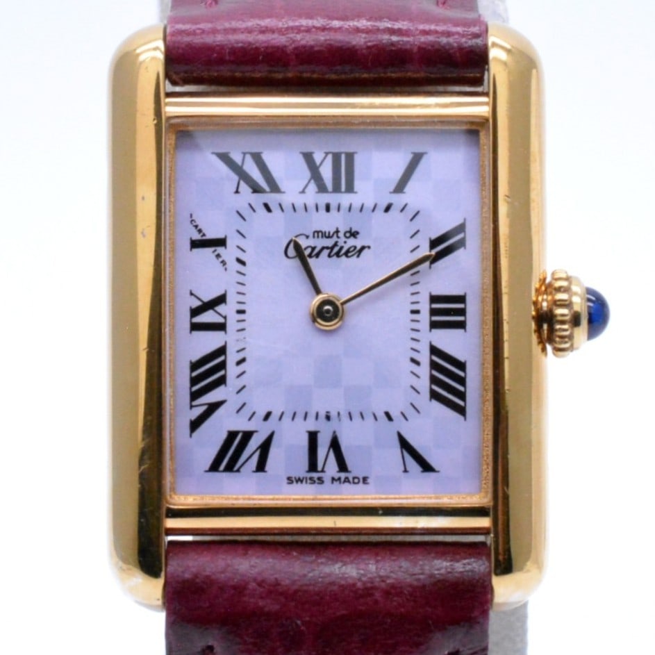 Cartier Must Tank SM Quartz Vermeil Purple Dial 2003 Christmas Limited: Cartier Must Tank SM Quartz Vermeil Purple Dial 2003 Christmas Limited This is a Cartier Must Tank SM Vermeil wristwatch, featuring a limited edition purple dial released for Christmas 2003. Designed 