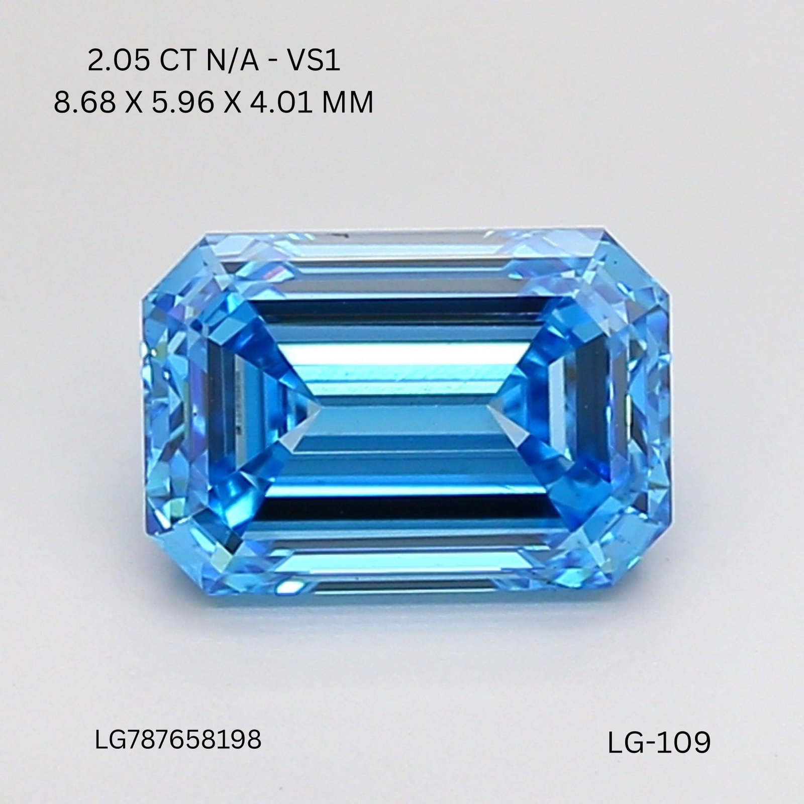 Loose Diamond - EMERALD 2.05ct Fancy Vivid Blue VS1: Loose Diamond - EMERALD 2.05ct Fancy Vivid Blue VS1 Source: This is a real non-mined Diamond that has been grown in a lab Shape: EMERALD Carats: 2.05 Color: Fancy Vivid Blue Certification: IGI Video: