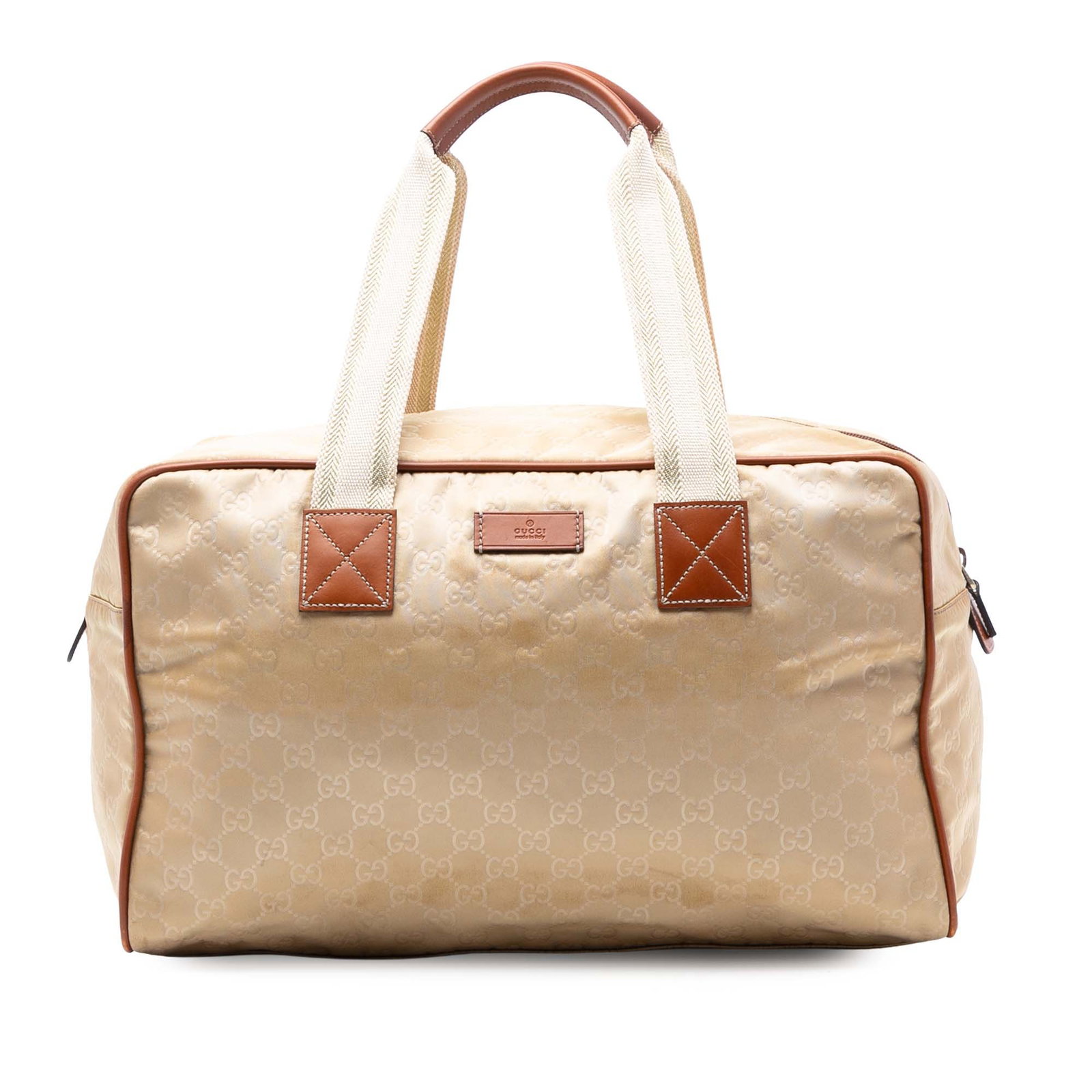 Gucci GG Nylon Web Brown Travel Bag with Leather Trim: Gucci GG Nylon Web Brown Travel Bag with Leather Trim This Gucci GG Nylon Web Travel Bag features a nylon body with leather trim, flat handles, a top zip closure, and an interior zip pocket. The bag d
