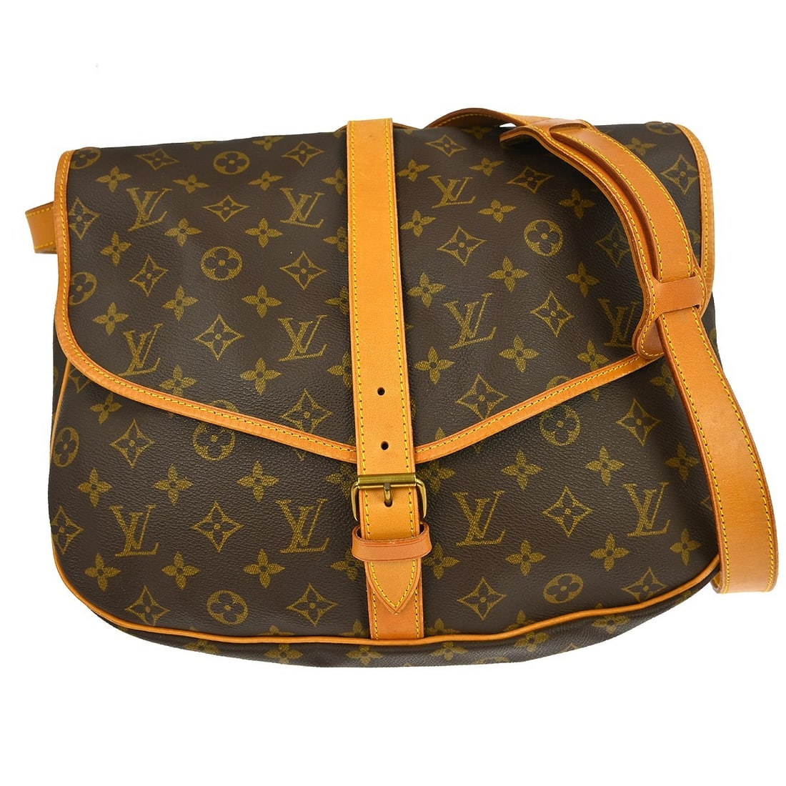 Louis Vuitton Saumur Monogram Canvas Unisex Shoulder Bag: Louis Vuitton Saumur Monogram Canvas Unisex Shoulder Bag This Louis Vuitton Saumur Handbag features the iconic monogram canvas in a classic brown color. Designed for unisex use, it offers ample space 