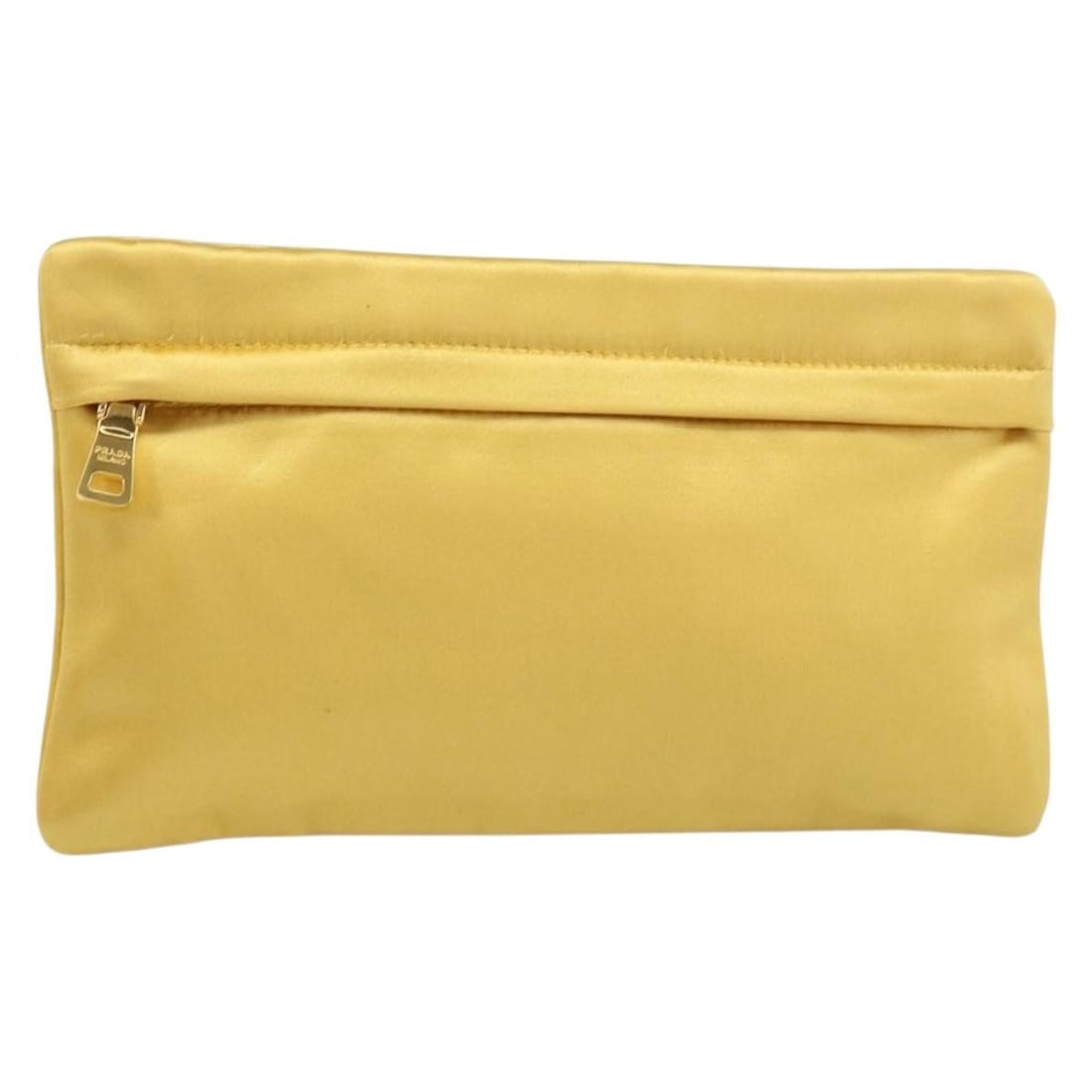 Gold Satin Prada Pouch Bag Made in Italy: Gold Satin Prada Pouch Bag Made in Italy This PRADA pouch features a gold satin exterior with subtle rubbing on the surface and corners, as well as slight scratches on the metal fittings. The interior