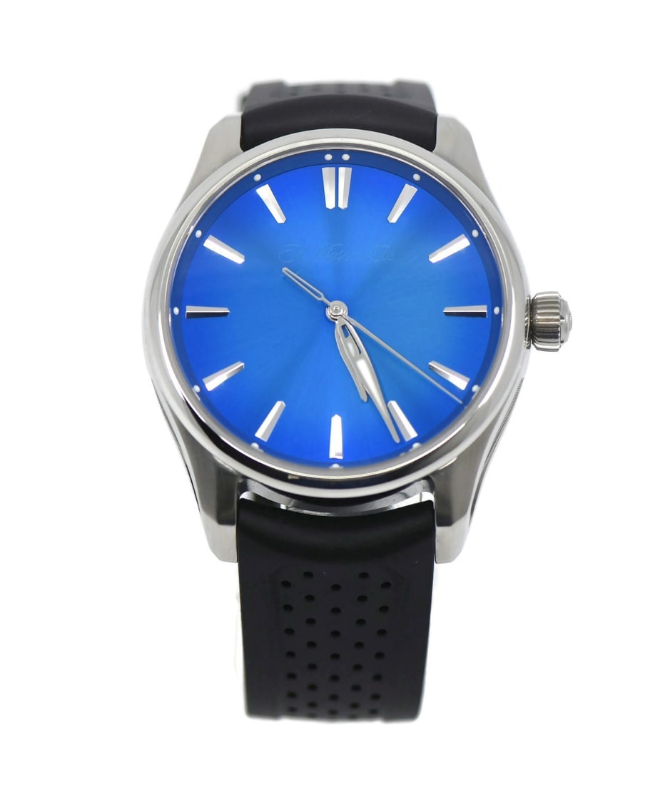 H. Moser Pioneer 40mm Stainless Steel Automatic Wristwatch: H. Moser Pioneer 40mm Stainless Steel Automatic Wristwatch This H. Moser & Cie Pioneer wristwatch features a 40mm stainless steel case with a fixed silver bezel and an exhibition caseback. The sunburs
