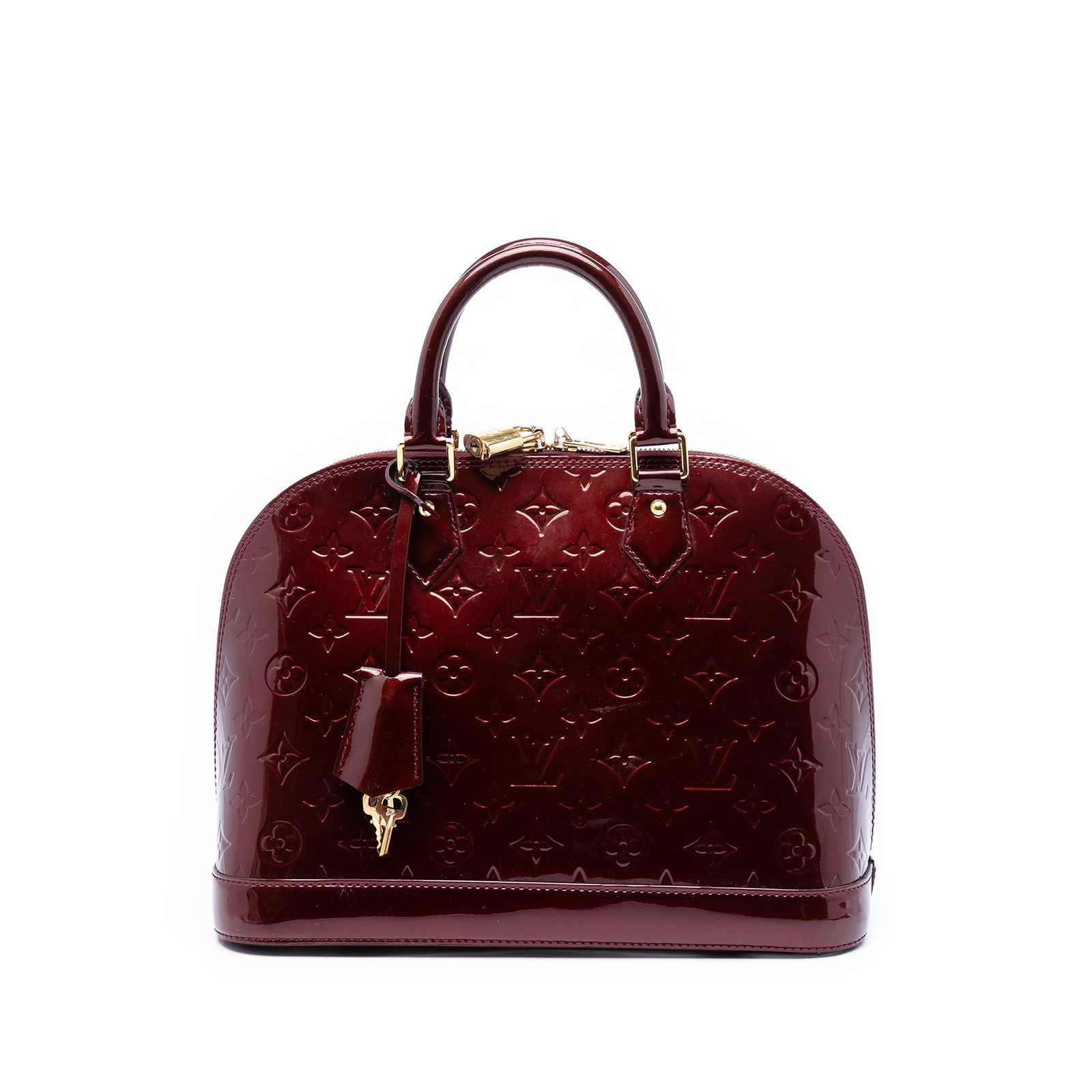 Louis Vuitton Alma PM Monogram Vernis Red Leather Bag: Louis Vuitton Alma PM Monogram Vernis Red Leather Bag This Louis Vuitton Monogram Vernis Alma PM features a red monogram vernis leather body, rolled leather handles, a zip-around closure, and interior