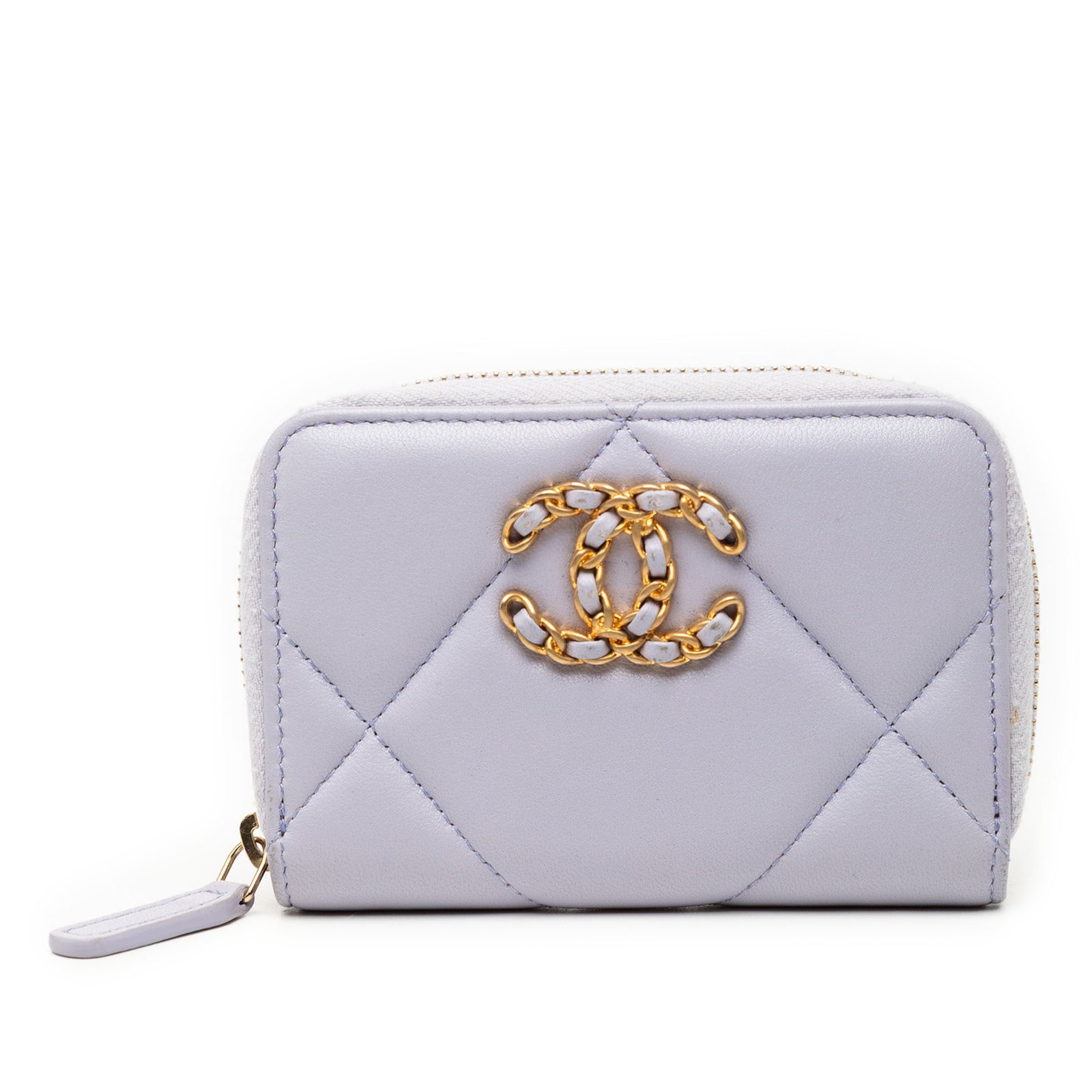 Chanel 19 Purple Quilted Lambskin Zip Around Coin Pouch: Chanel 19 Purple Quilted Lambskin Zip Around Coin Pouch This Chanel Quilted Lambskin 19 Zip Around Coin Purse features a luxurious purple lambskin leather body with signature quilting and a zip-around