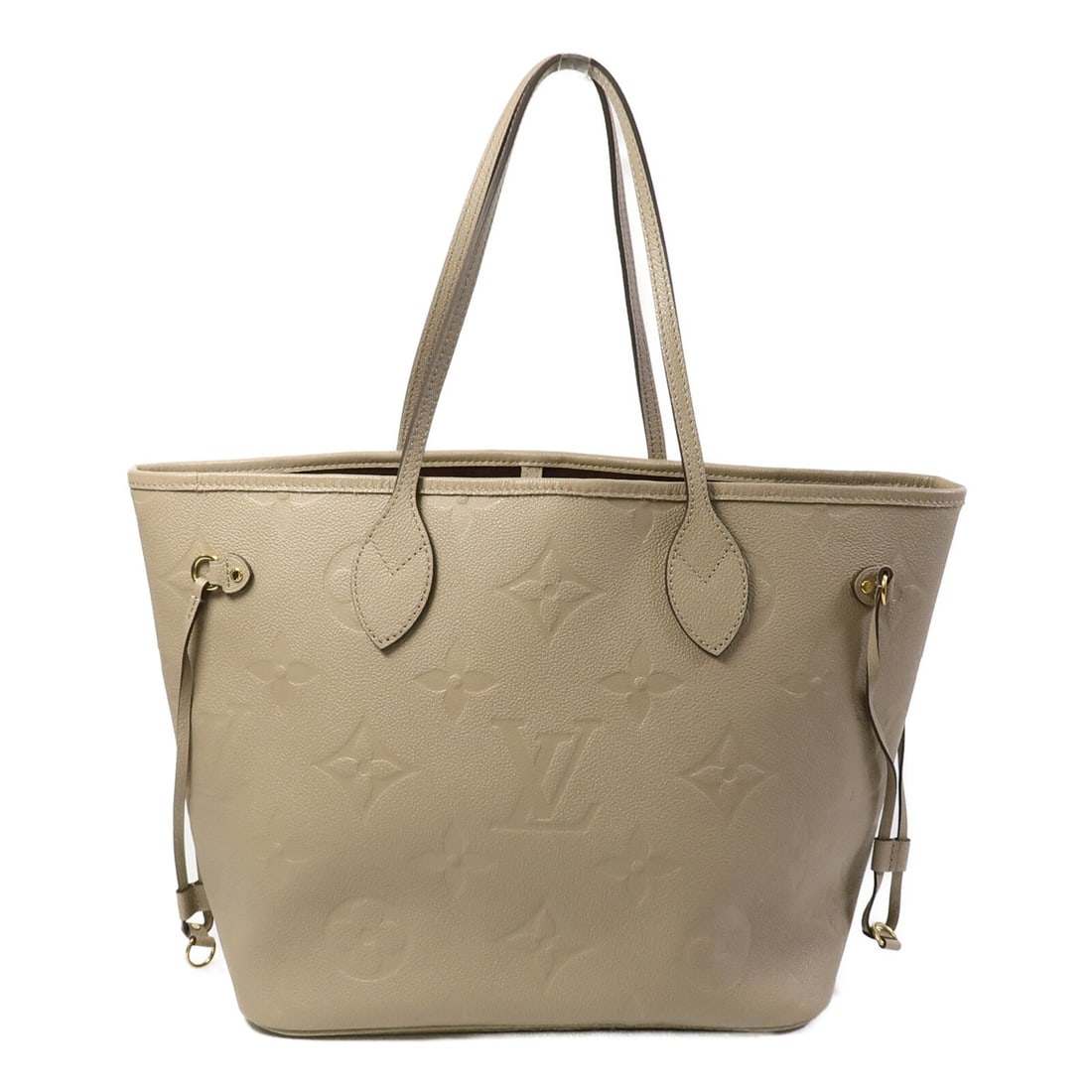 Louis Vuitton Neverfull MM Beige Monogram Empreinte Calfskin Tote Bag GHW: Louis Vuitton Neverfull MM Beige Monogram Empreinte Calfskin Tote Bag GHW This Louis Vuitton Neverfull MM shoulder bag features the signature Monogram Empreinte design in beige calfskin leather. Desig