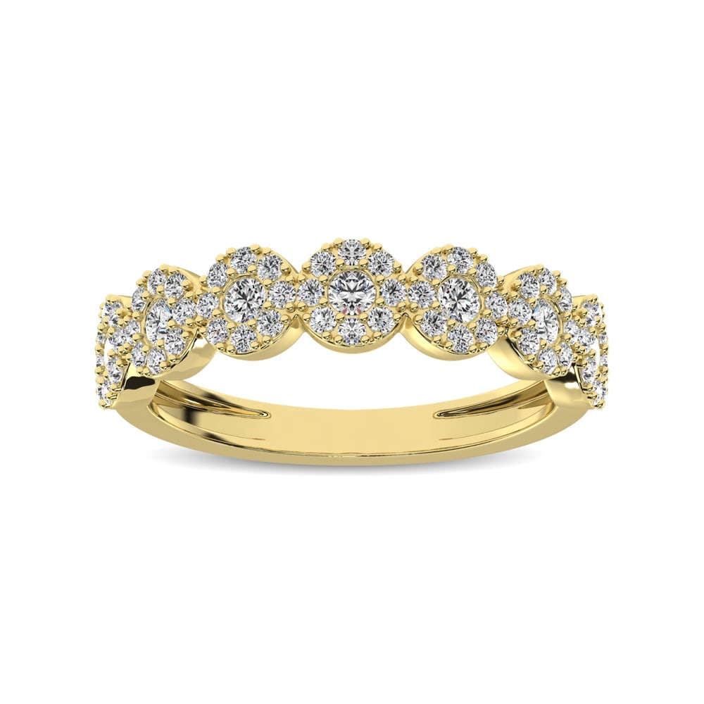 14K Yellow Gold 5/8 Ct.Tw. Diamond Round Frame Stackable Band: 14K Yellow Gold 5/8 Ct.Tw. Diamond Round Frame Stackable Band This stunning ring is available in 14K Yellow Gold. There are 63 round diamonds with a total carat weight of 5/8 Ct.Tw. set in a Prong / S