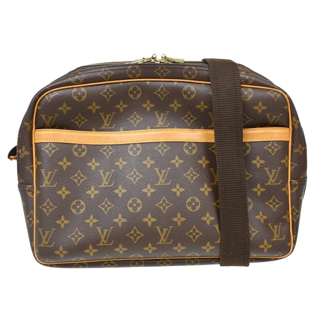 Louis Vuitton Reporter GM Monogram Crossbody Shoulder Bag M45252: Louis Vuitton Reporter GM Monogram Crossbody Shoulder Bag M45252 This Louis Vuitton Reporter GM shoulder bag features the iconic brown monogram canvas with leather accents and gold-tone hardware. Desi