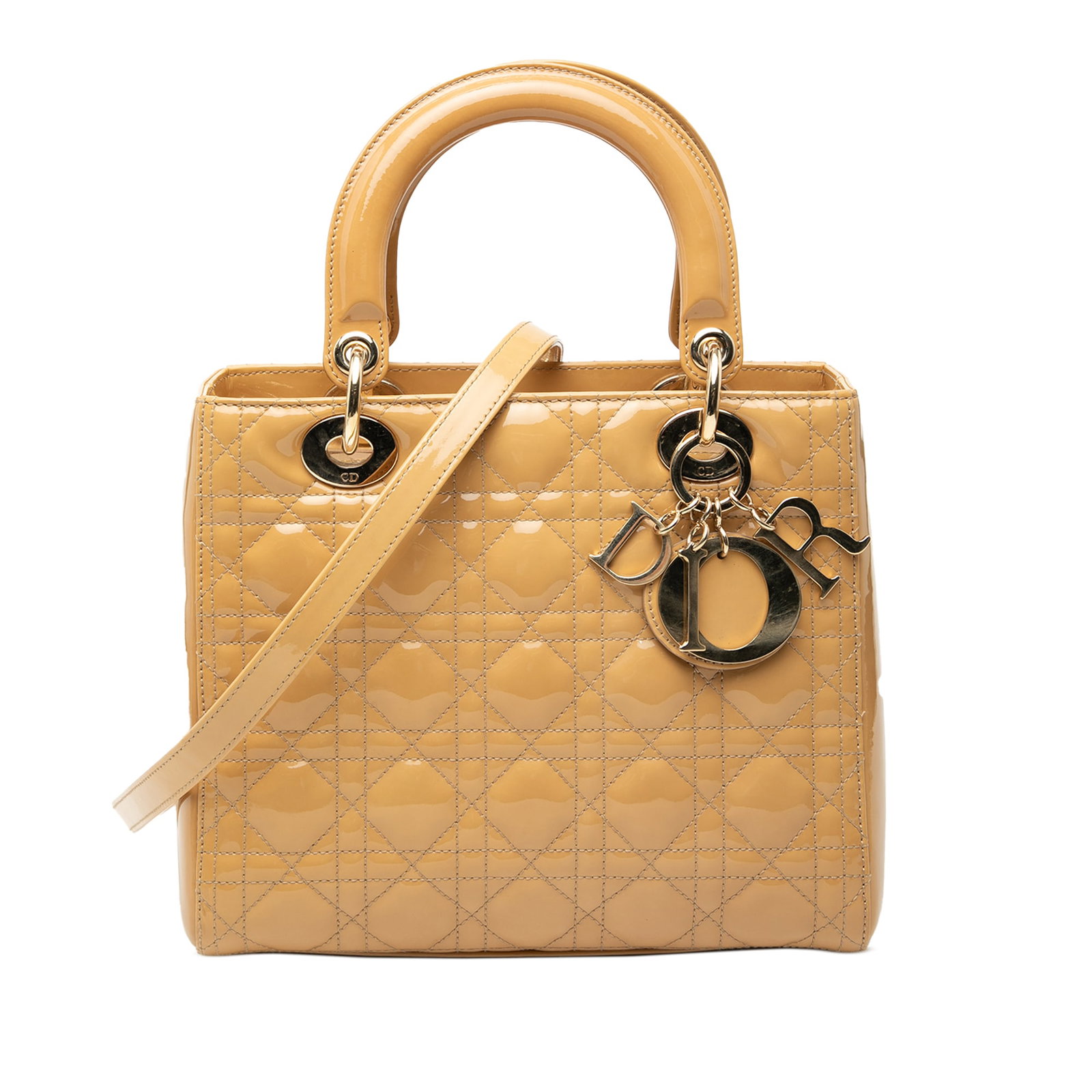 Dior Lady Dior Medium Brown Patent Cannage Leather Shoulder Bag: Dior Lady Dior Medium Brown Patent Cannage Leather Shoulder Bag This Lady Dior Medium Patent Cannage bag showcases a quilted patent leather body in brown, complemented by flat leather top handles and 