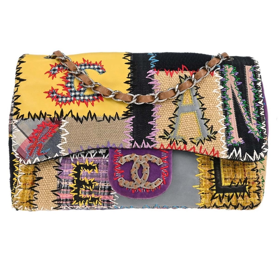 CHANEL beige tweed patchwork leather shoulder bag (1 of 15)