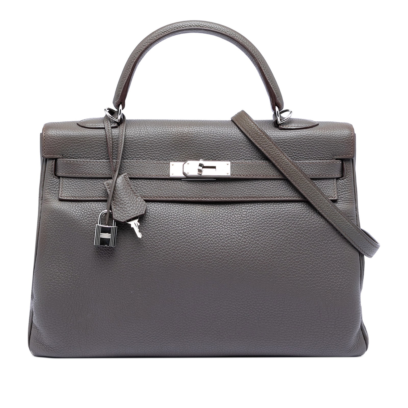 Hermes Kelly II Retourne 35 Clemence Leather Gray Bag: Hermes Kelly II Retourne 35 Clemence Leather Gray Bag This Hermes Clemence Kelly II Retourne 35 showcases a Gris Etain clemence leather body with a flat leather top handle and a detachable flat strap.