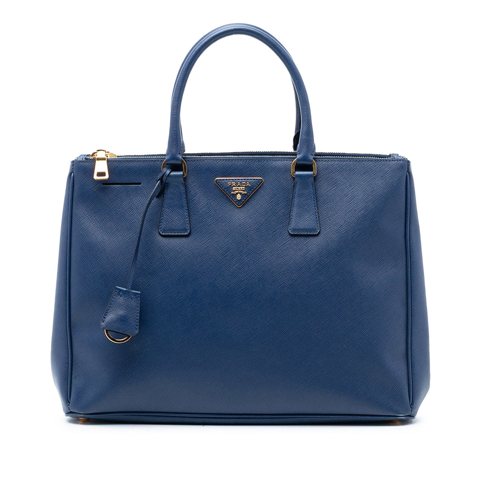 Prada Galleria saffiano leather blue tote with dual zips: Prada Galleria saffiano leather blue tote with dual zips This Prada Large Saffiano Lux Galleria Double Zip Tote is crafted from durable saffiano leather in blue and features rolled leather handles, an