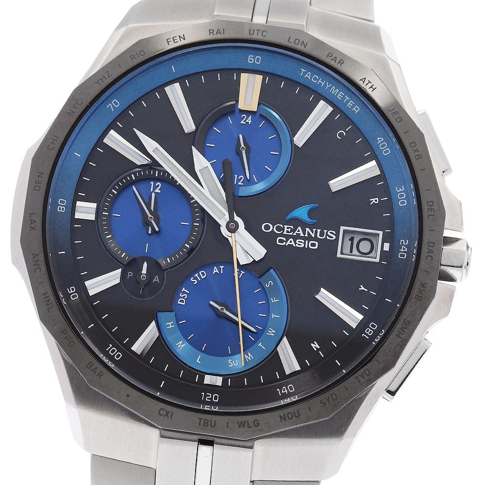 Casio Oceanus Manta titanium solar radio watch OCW-S5000E-1AJF: Casio Oceanus Manta titanium solar radio watch OCW-S5000E-1AJF This Casio Oceanus Manta OCW-S5000E-1AJF is a men's wristwatch crafted in titanium, featuring a sophisticated black and blue dial. The wa