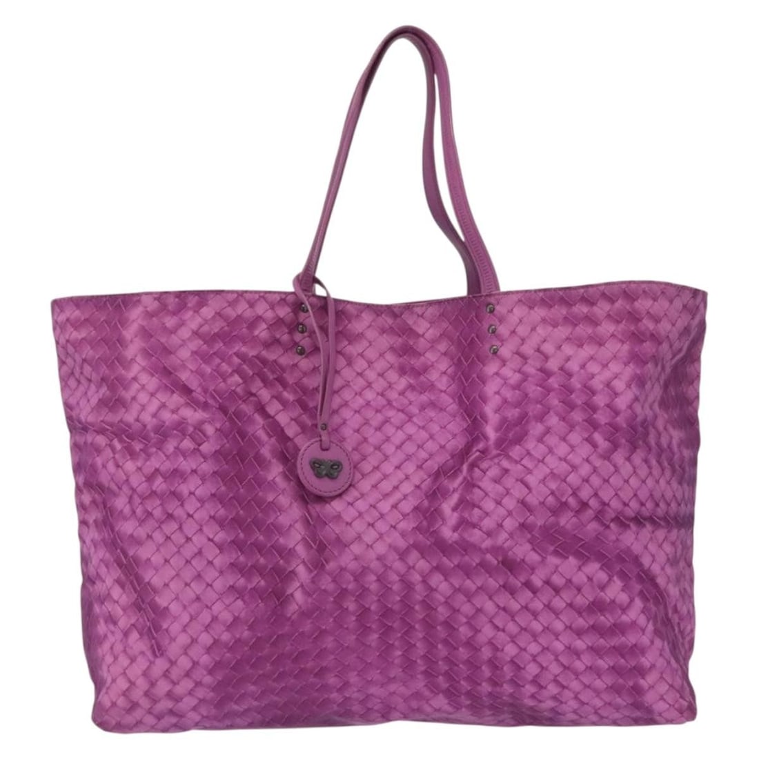 Bottega Veneta Purple Nylon Intrecciolusion Tote Bag 35cm by 27cm by 10cm: Bottega Veneta Purple Nylon Intrecciolusion Tote Bag 35cm by 27cm by 10cm This Bottega Veneta Intrecciolusion Tote is crafted from purple nylon and designed for women. The bag features slight signs of