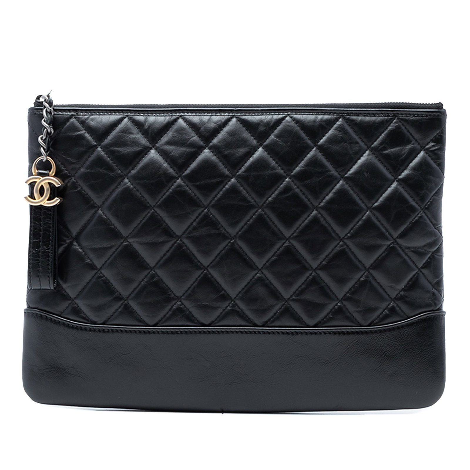 Chanel Gabrielle O Case quilted calfskin black clutch: Chanel Gabrielle O Case quilted calfskin black clutch This Chanel Medium Aged Calfskin Gabrielle O Case Clutch features a quilted calf leather body in black with a top zip closure. Made in Italy, this