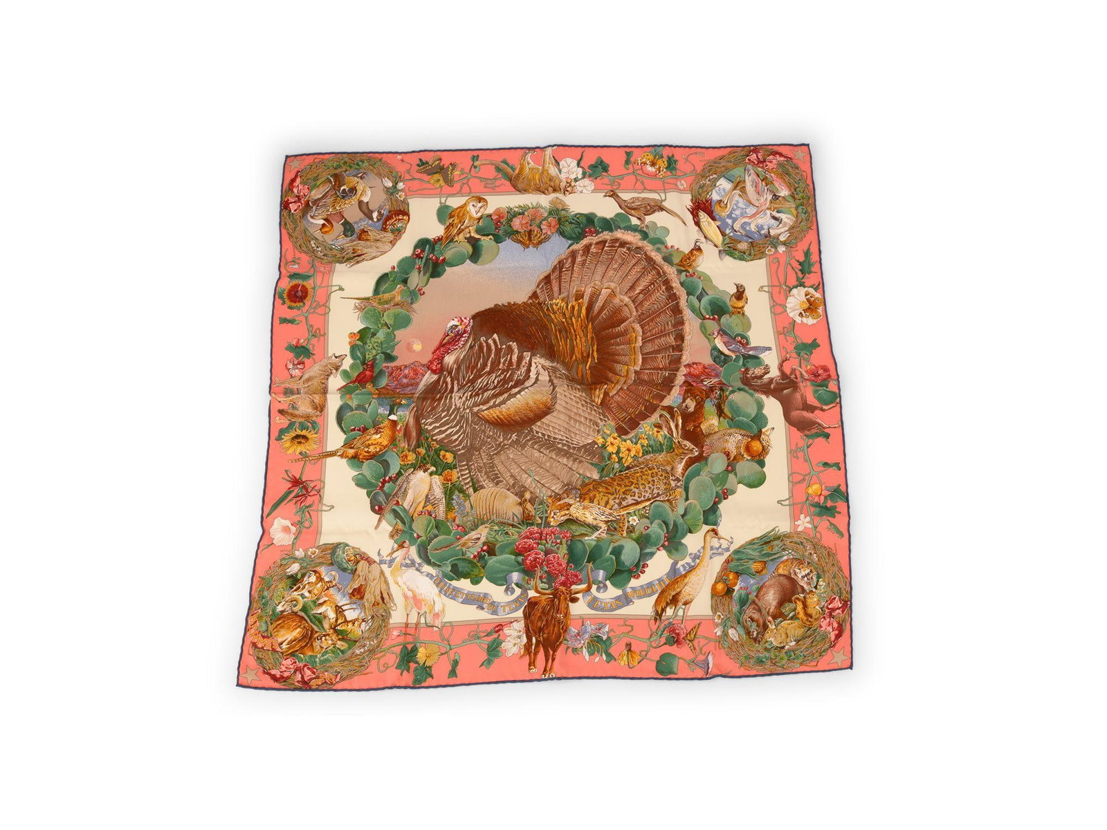 Hermes silk Faune et Flore du Texas scarf with box: Hermes silk Faune et Flore du Texas scarf with box This Hermes "Faune et Flore du Texas" scarf is crafted from 100% silk and features hand-rolled edges. Designed by Kermit Oliver, it measures approxim