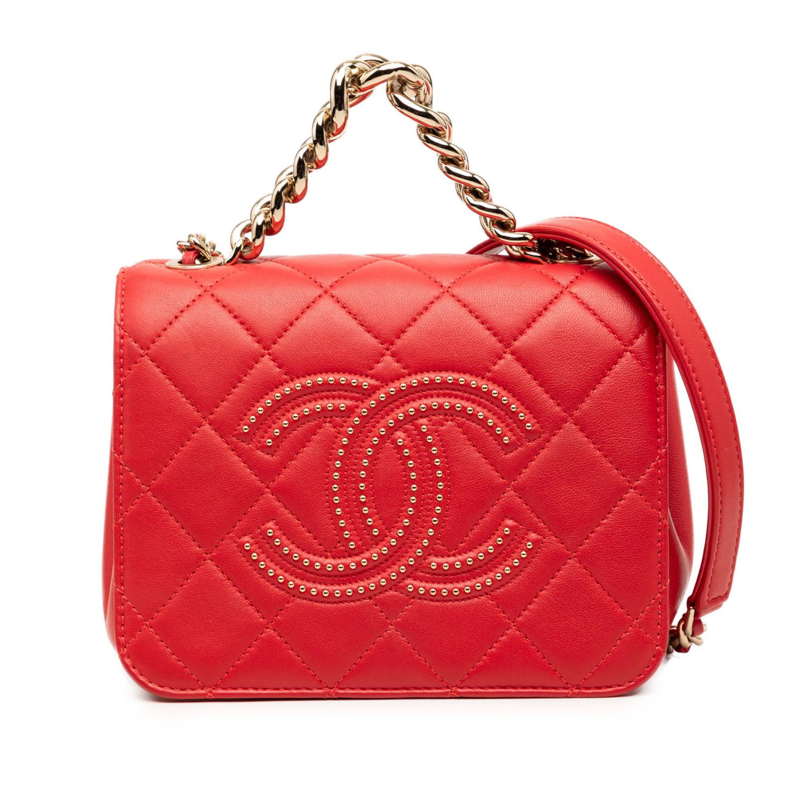 Chanel red quilted lambskin flap satchel with chain strap (1 of 8)