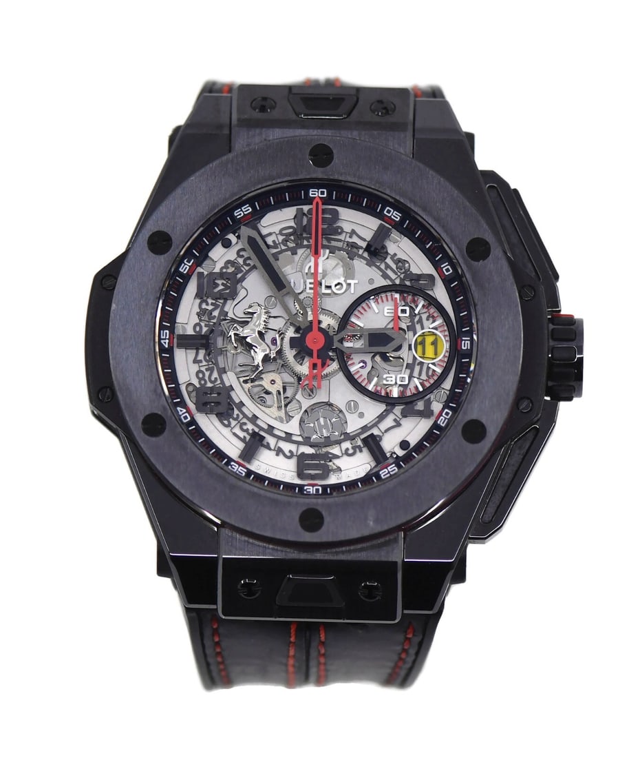 Hublot Big Bang Ferrari Ceramic Watch 401.CX.0123.VR with Box and Papers: Hublot Big Bang Ferrari Ceramic Watch 401.CX.0123.VR with Box and Papers Introducing the Hublot Big Bang Ferrari Ceramic Watch, model 401.CX.0123.VR. This exquisite wristwatch features a robust 45 mm 