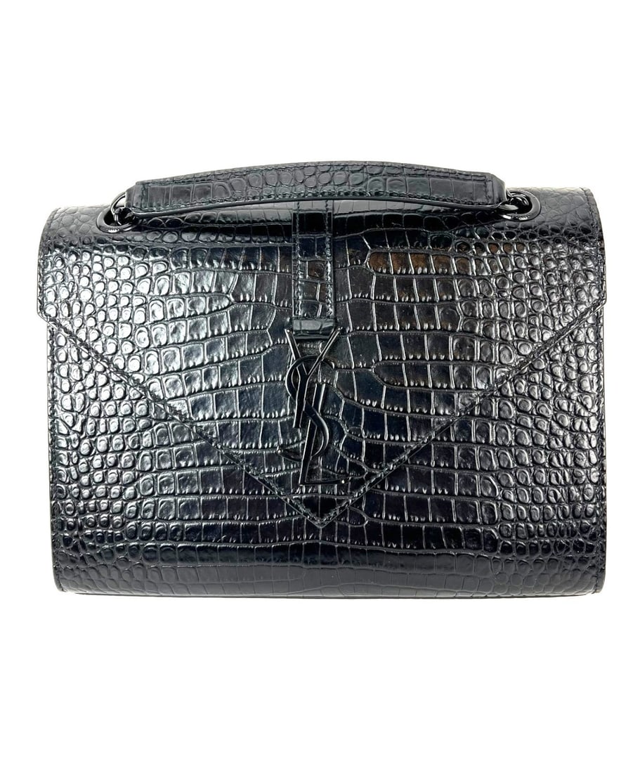 Medium Envelope Chain Shoulder Bag in Embossed Black Leather by Saint Laurent: Medium Envelope Chain Shoulder Bag in Embossed Black Leather by Saint Laurent This Saint Laurent Envelope Medium Chain Shoulder Bag features embossed black leather in a rectangular silhouette. The des