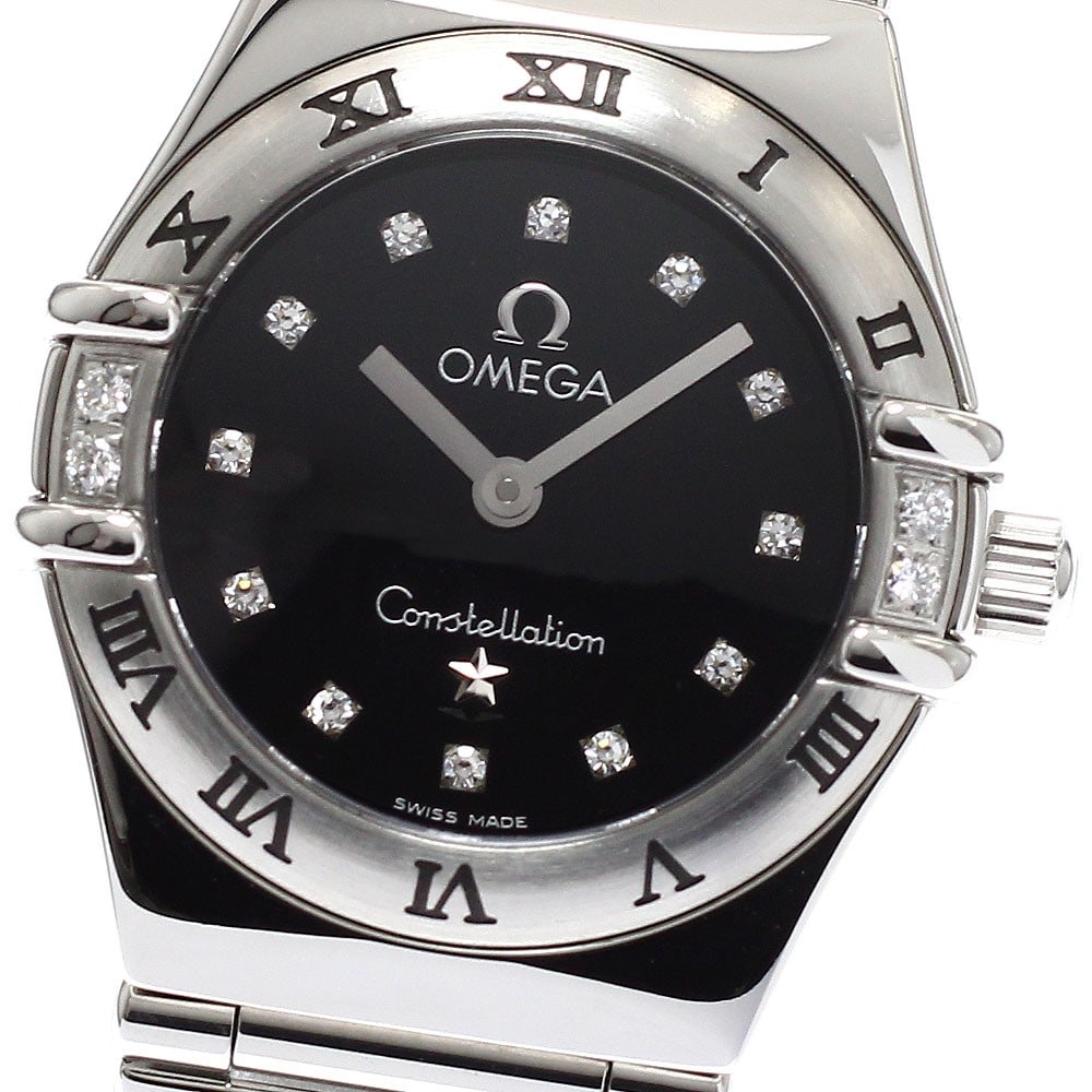 Omega Constellation Ladies Quartz Watch Black Dial Stainless Steel 1566.56: Omega Constellation Ladies Quartz Watch Black Dial Stainless Steel 1566.56 This OMEGA Constellation wristwatch features a stainless steel case and bracelet, accented with 12 diamond hour markers and 4