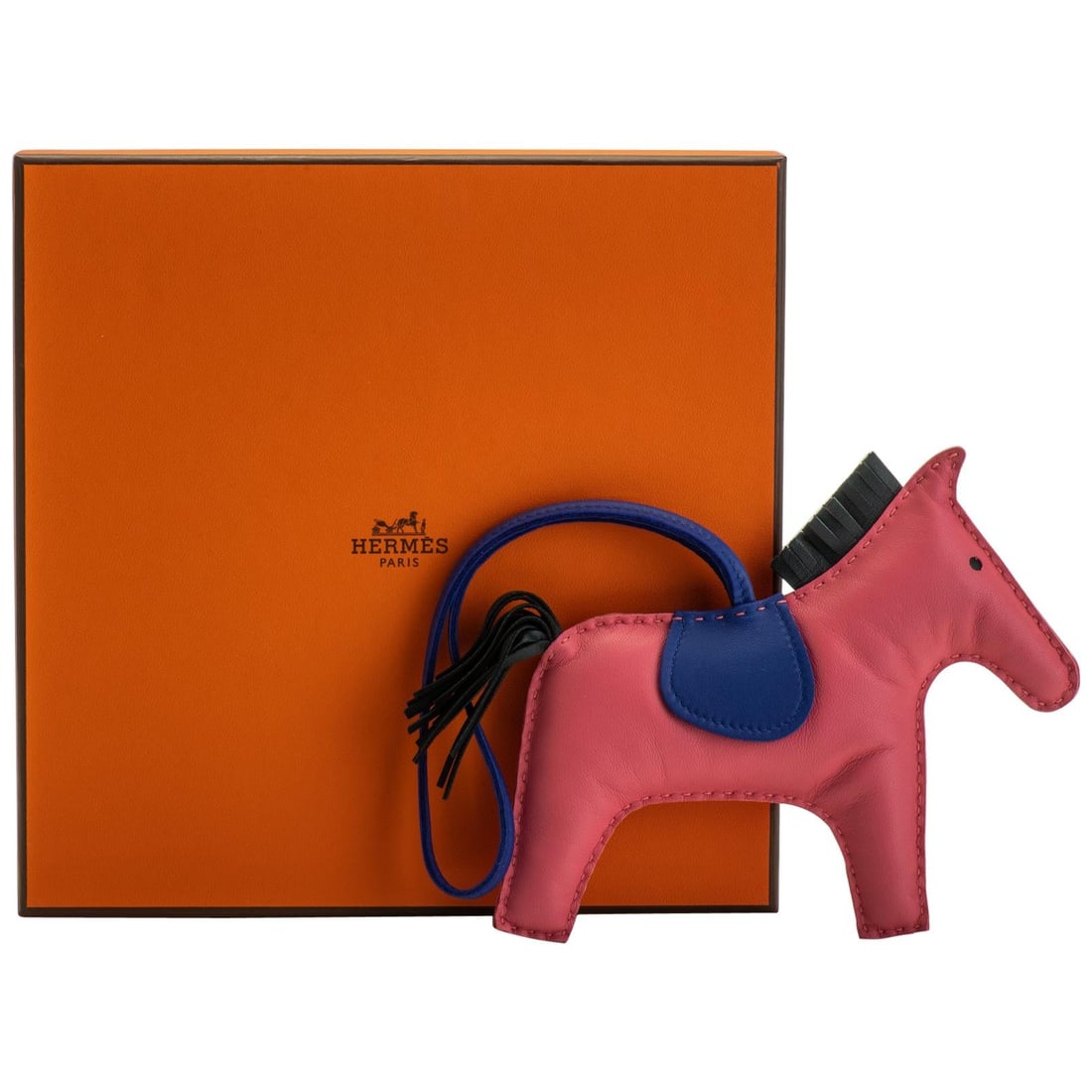 Hermes Rodeo PM Bag Charm Rose Azalee Brand New in Box: Hermes Rodeo PM Bag Charm Rose Azalee Brand New in Box Introducing the exquisite Hermes Rodeo PM Bag Charm in a delightful combination of rose azalea, black, and electric blue. This rare and collectib