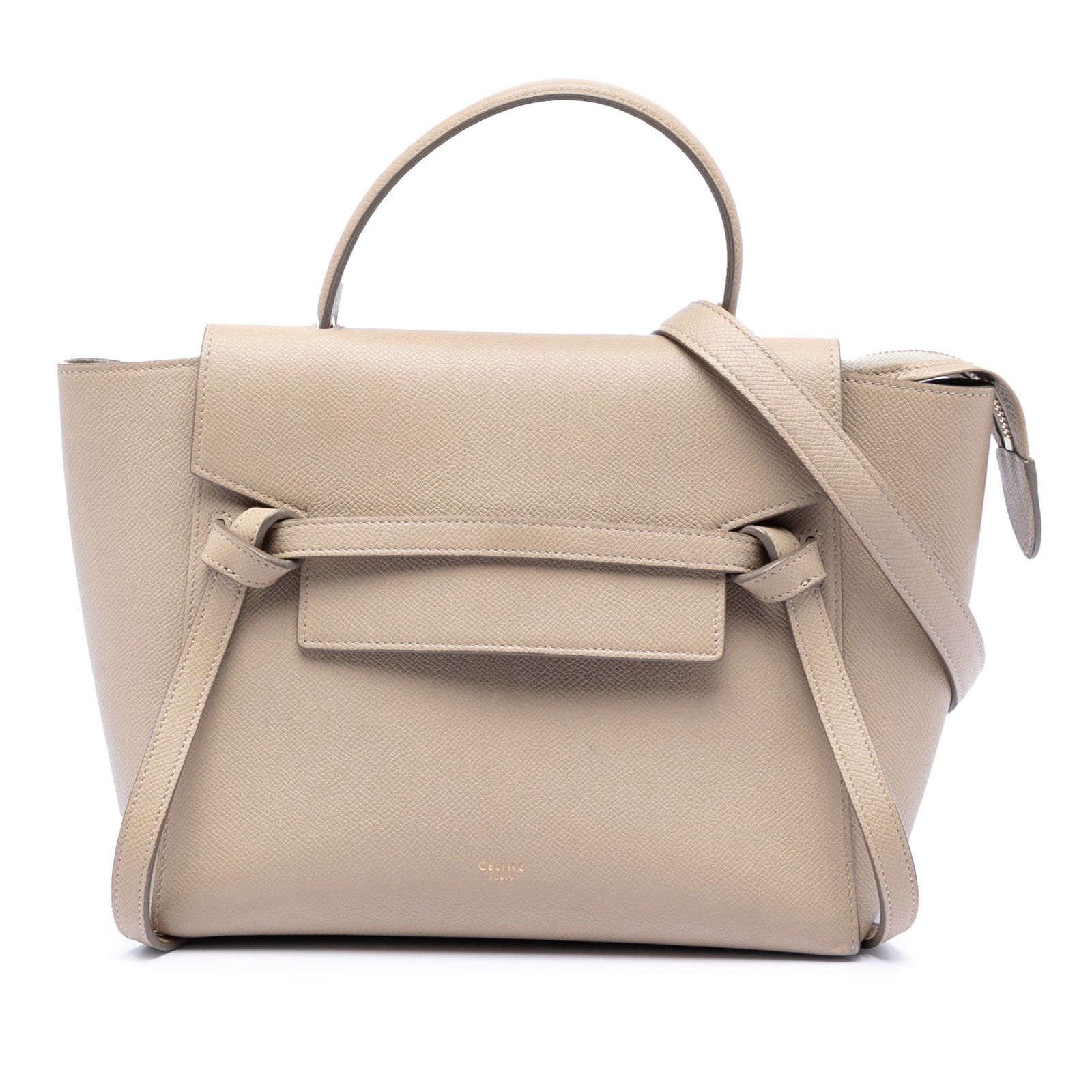 Celine Belt Bag Micro Beige Grained Calfskin Leather with Strap: Celine Belt Bag Micro Beige Grained Calfskin Leather with Strap This Celine Micro Grained Calfskin Belt Bag features a beige leather body with a flat leather handle and a detachable leather strap. The