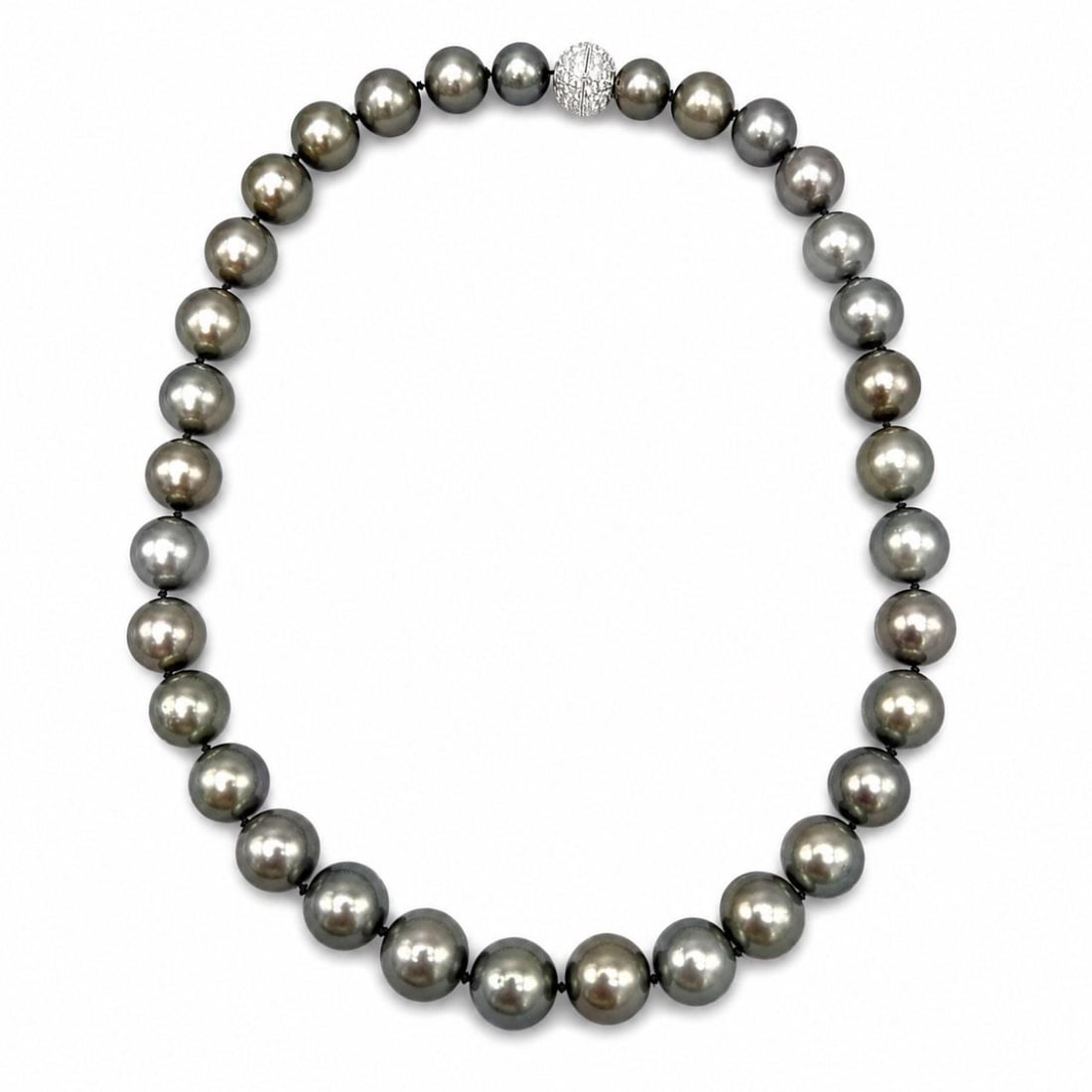 Tahitian South Sea Pearl Strand Platinum Diamond Clasp 16 Inch: Tahitian South Sea Pearl Strand Platinum Diamond Clasp 16 Inch This elegant necklace features 35 graduated Tahitian South Sea pearls, each measuring between 13.4 mm and 10.3 mm. The necklace is fitted