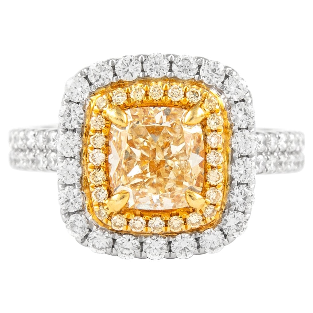 1.65ct Fancy Yellow Diamond Double Halo Ring 18k Gold: 1.65ct Fancy Yellow Diamond Double Halo Ring 18k Gold This exquisite 1.65ct Cushion Fancy Yellow VS2 Diamond Ring features a stunning double halo design crafted in 18k two-tone gold, combining both ye