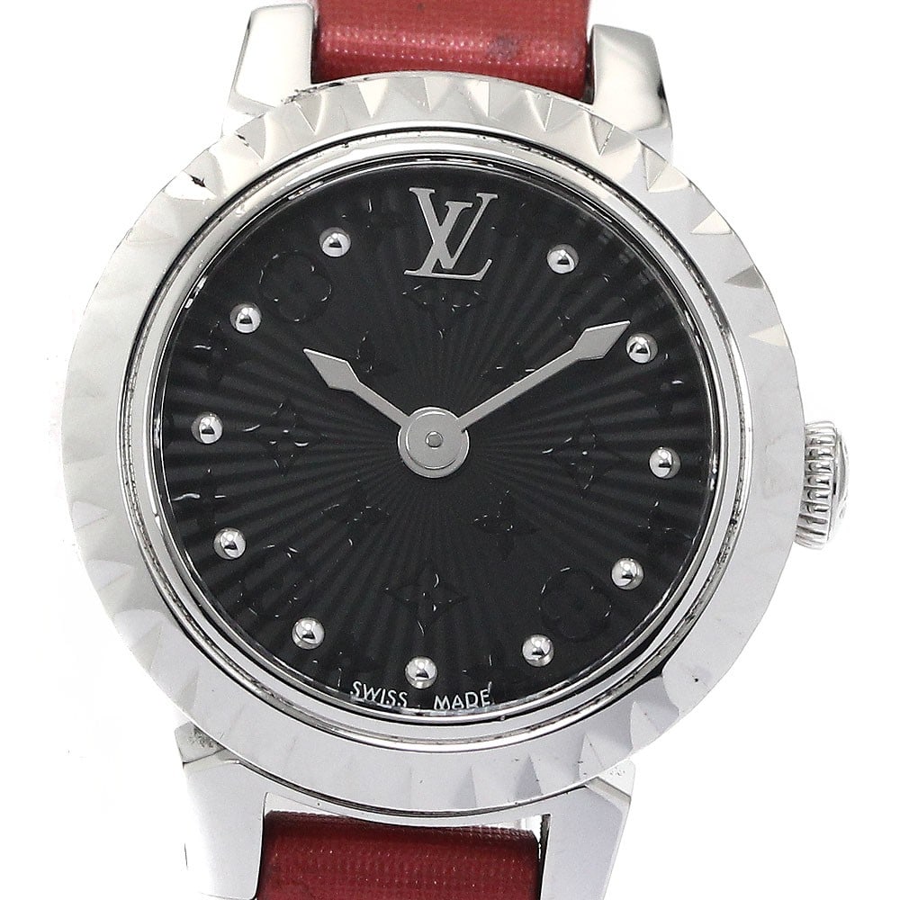 Louis Vuitton Tambour Bijou Quartz Ladies Wristwatch Q1M05: Louis Vuitton Tambour Bijou Quartz Ladies Wristwatch Q1M05 This Louis Vuitton Tambour Bijou Q1M05 women's wristwatch features a stainless steel case and a black dial, paired with a nylon and leather s