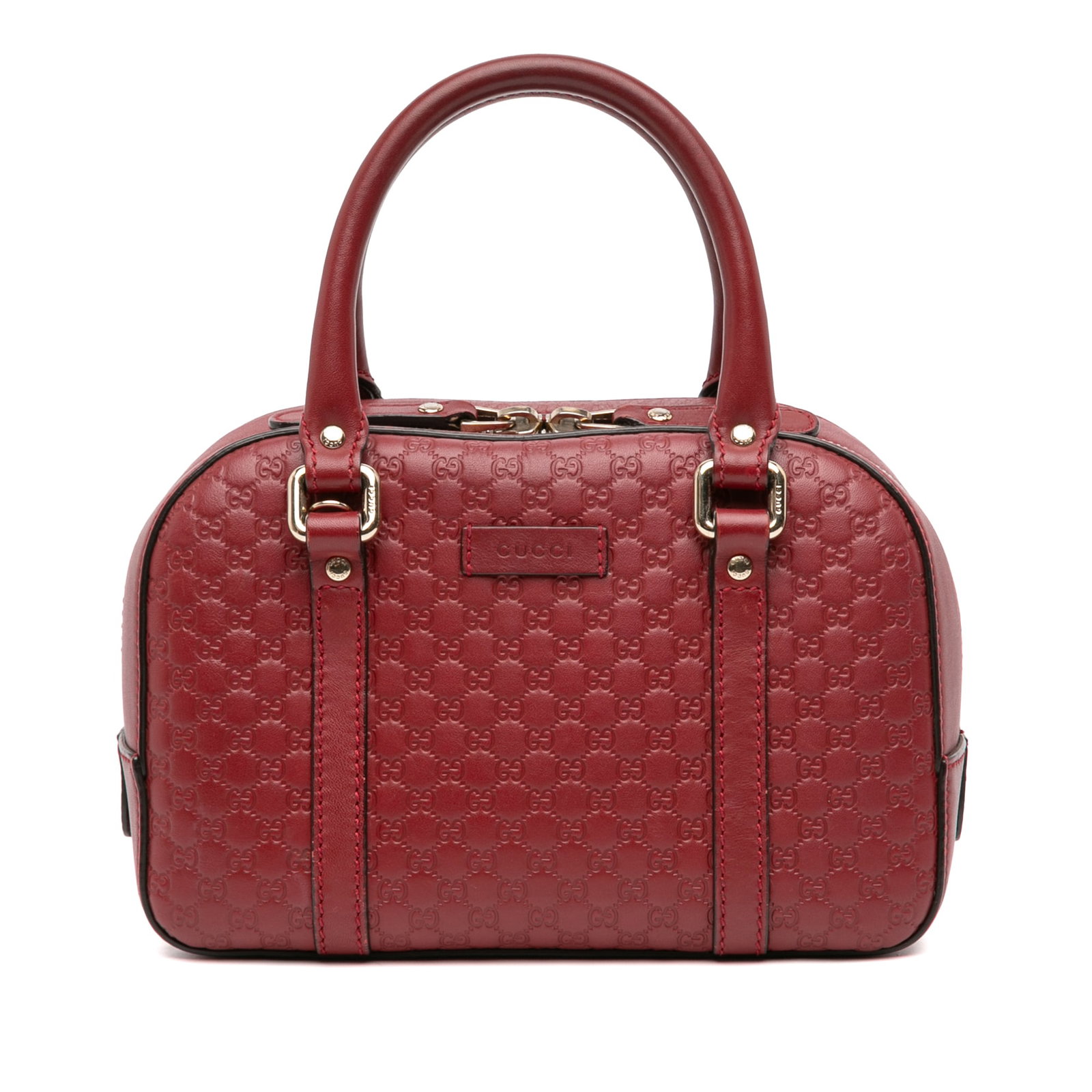 Red Leather Bree Satchel by Gucci Microguccissima Small: Red Leather Bree Satchel by Gucci Microguccissima Small This Gucci Small Microguccissima Bree Satchel features an embossed leather body in red, rolled leather handles, a top zip closure, and interior 
