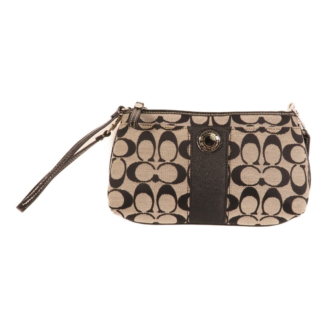 Coach Black Canvas Pouch Clutch SHW: Coach Black Canvas Pouch Clutch SHW This COACH pouch handbag clutch is crafted from durable canvas in black and grey tones. Designed for women, it features a sleek silhouette with a compact size, maki