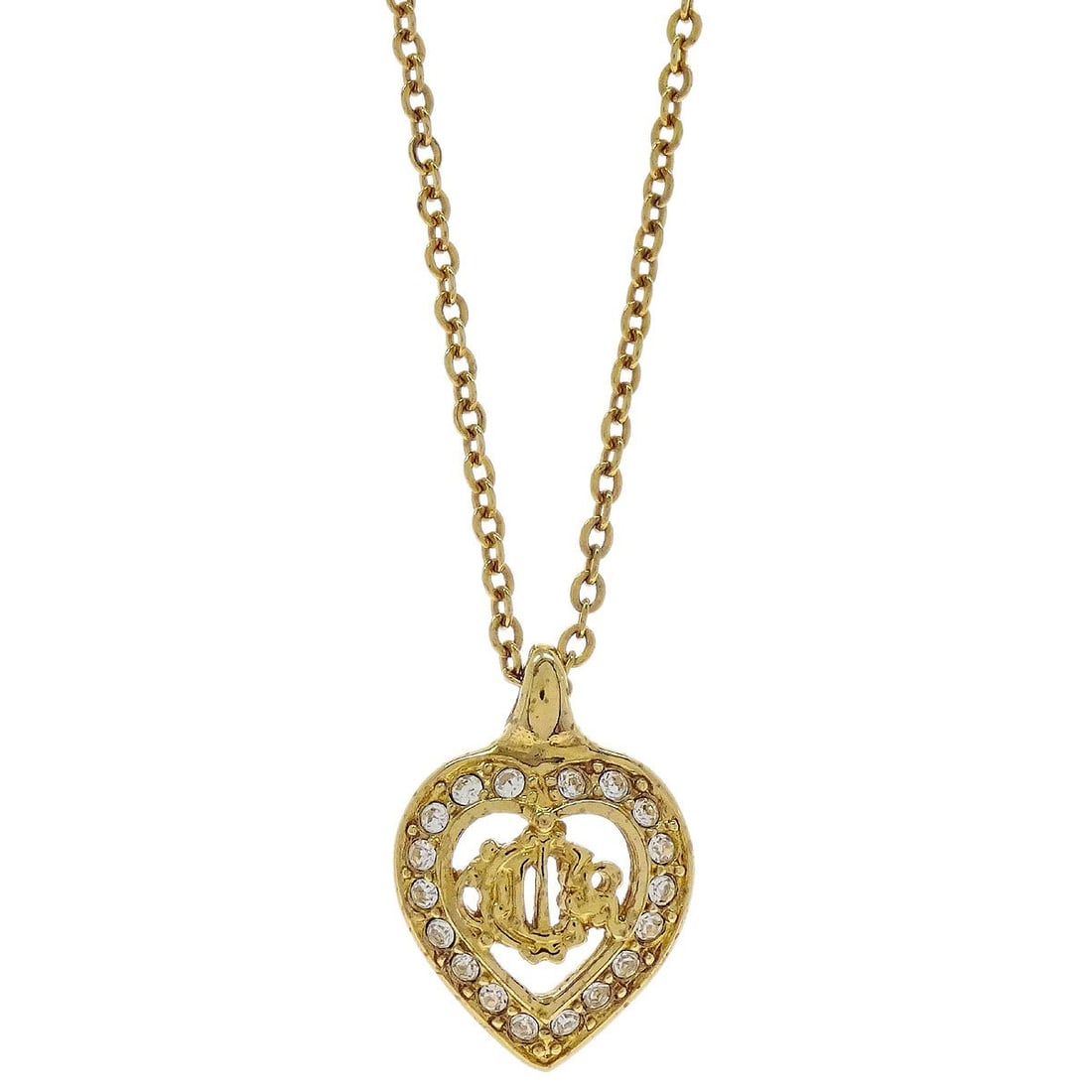 Dior Vintage Gold Pendant Necklace with Rhinestone Charm: Dior Vintage Gold Pendant Necklace with Rhinestone Charm This vintage Christian Dior necklace features a gold-tone pendant with rhinestone accents. The design includes a charming pendant style, showca